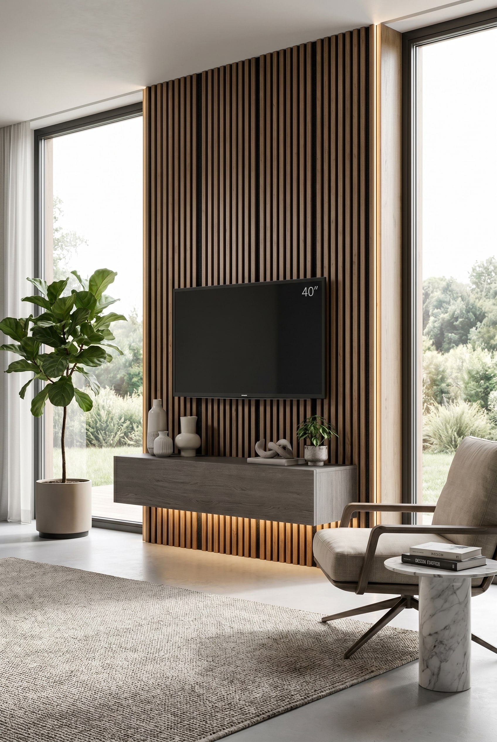 Grijs eikenhouten lowboard wandhangend gemonteerd onder een zwart scherm in een licht architectenhuis