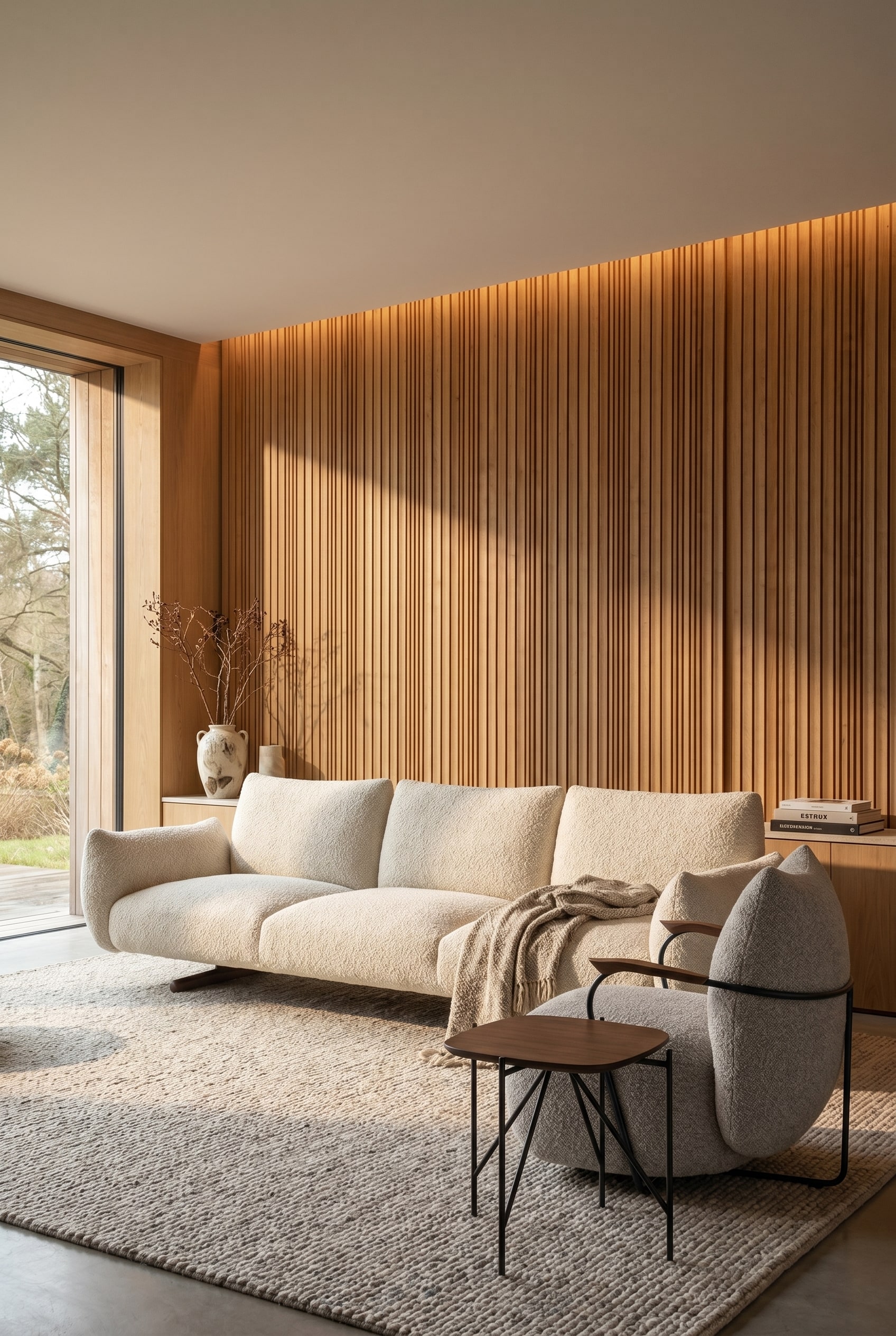 Moderne woonkamer met lichte lamellenwand van eikenhout, ervoor een volumineuze cr&egrave;mekleurige boucl&eacute;-bank met subtiele wandafstand