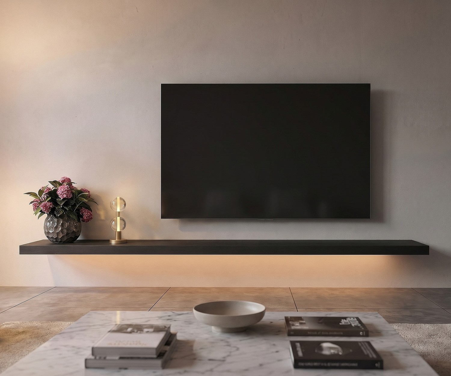 Livitalia TV Wandboard mit LED-Beleuchtung Livitalia TV Wandboard in Schwarz als schwebendes Regal unter dem Fernseher im modernen Wohnzimmer mit LED-Beleuchtung.