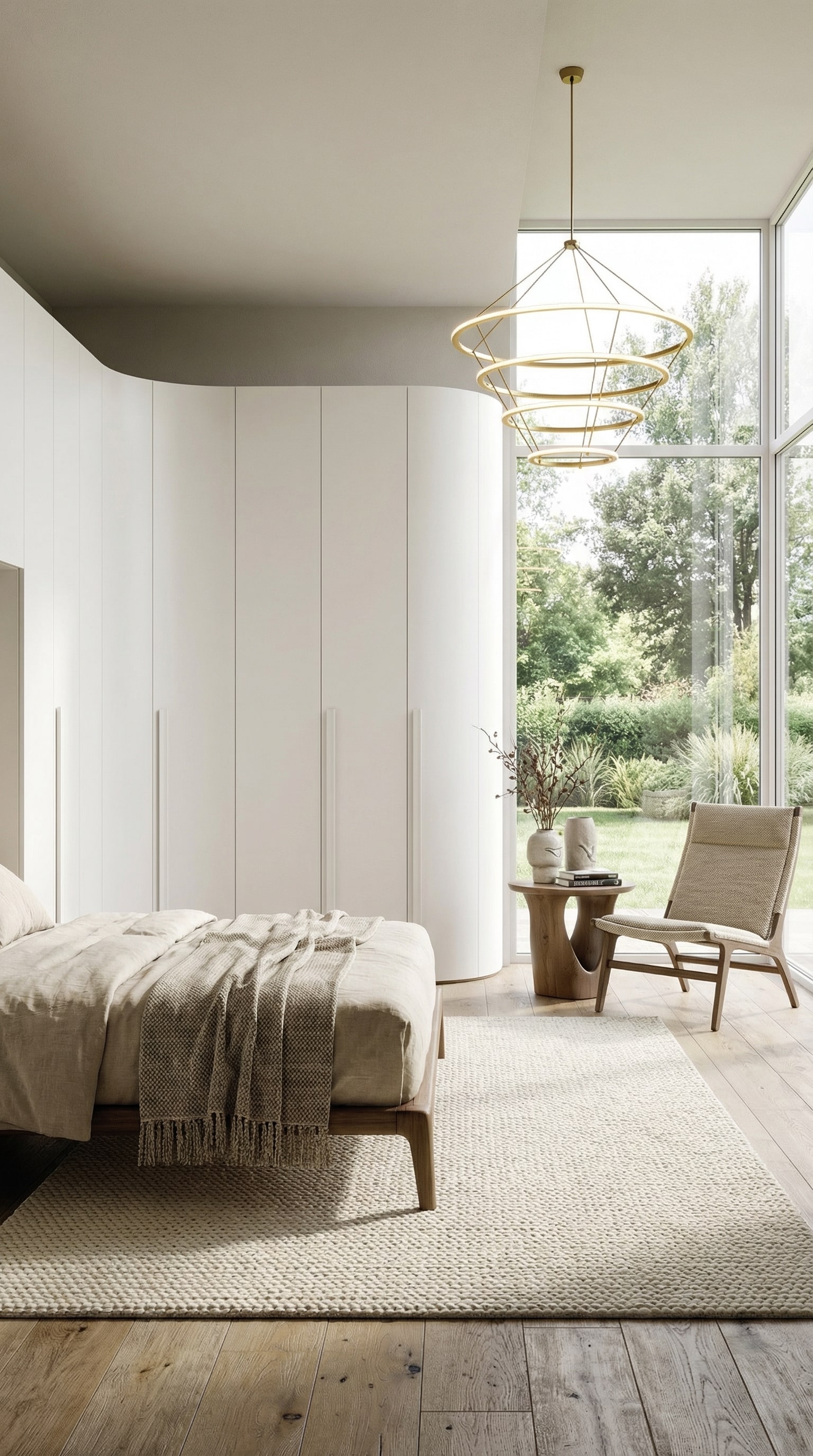 Une armoire moderne avec un module d'angle arrondi qui adoucit la transition vers la porte de la chambre.