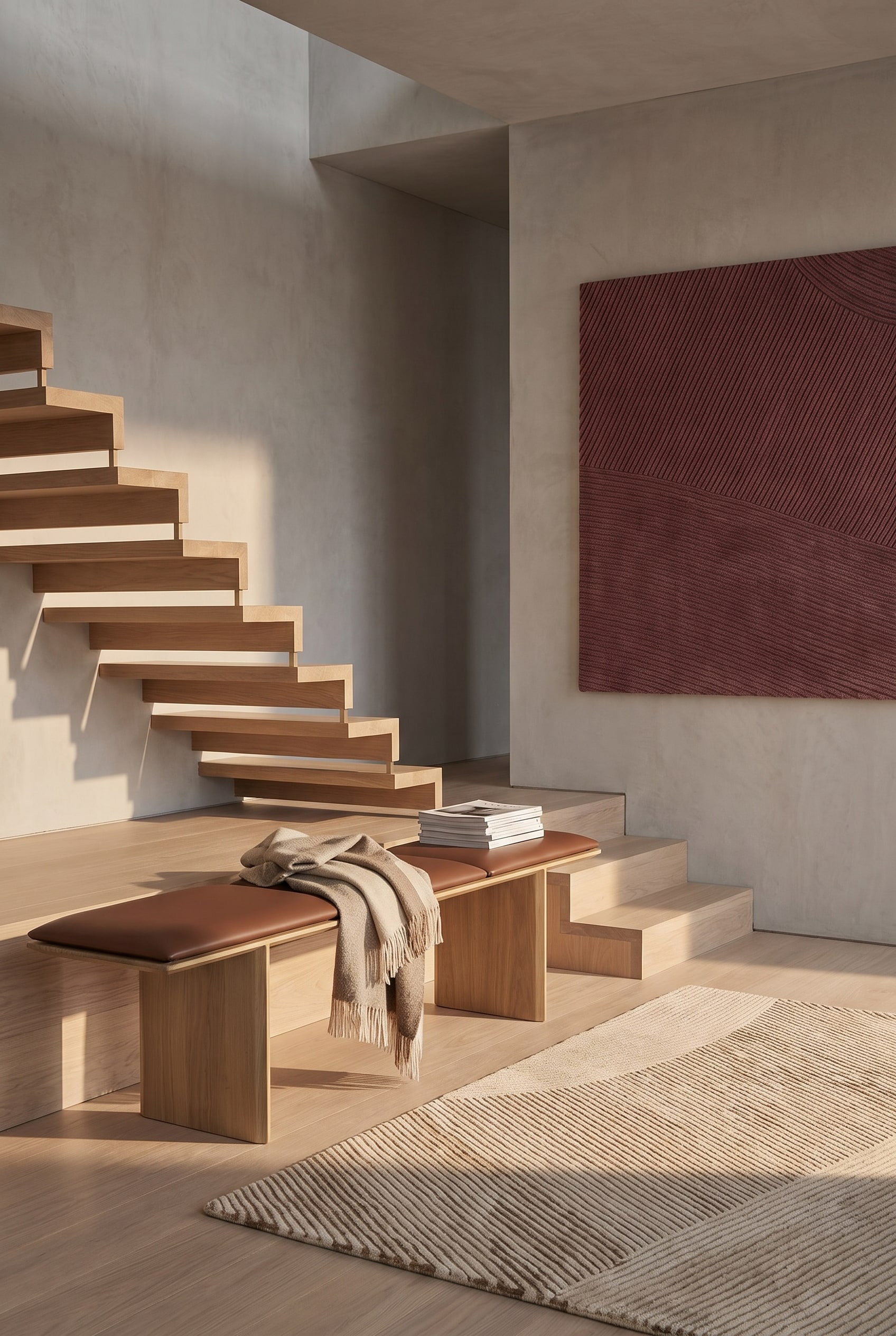 Elegante Punt Velasca zitbank van hout in de entree van een modern trappenhuis