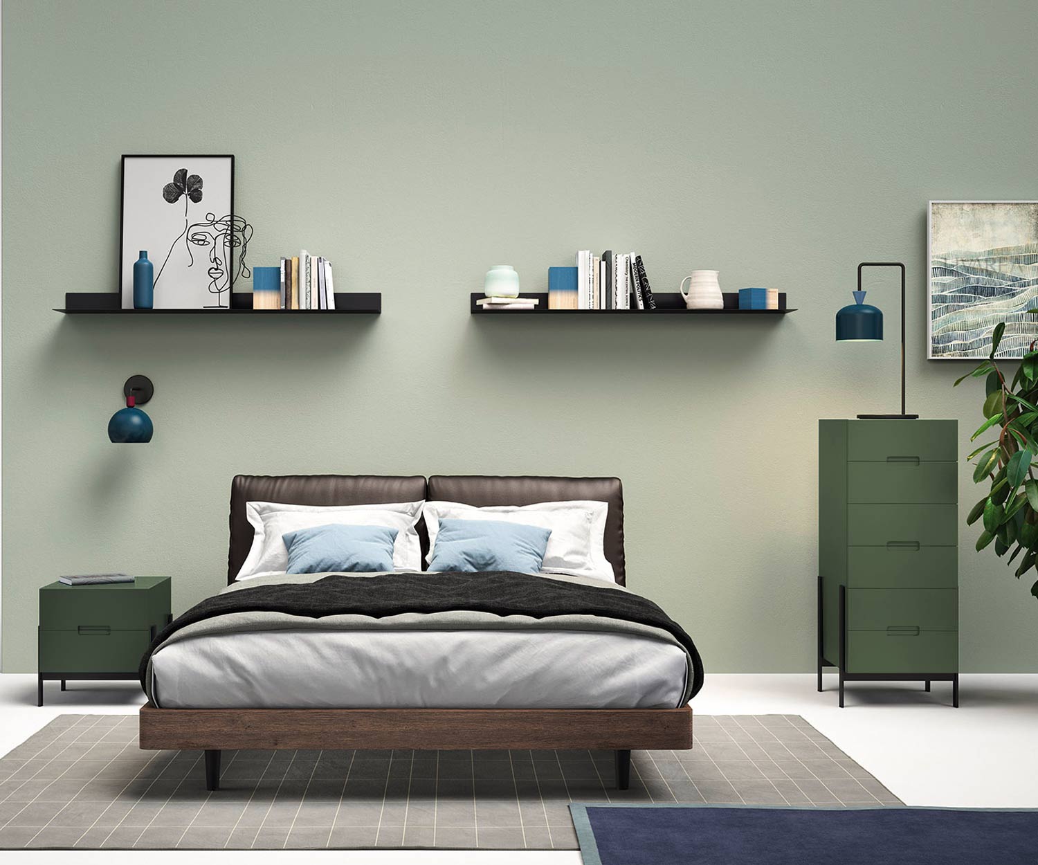 Exclusive Novamobili Design high chest of drawers Float in green in the bedroom