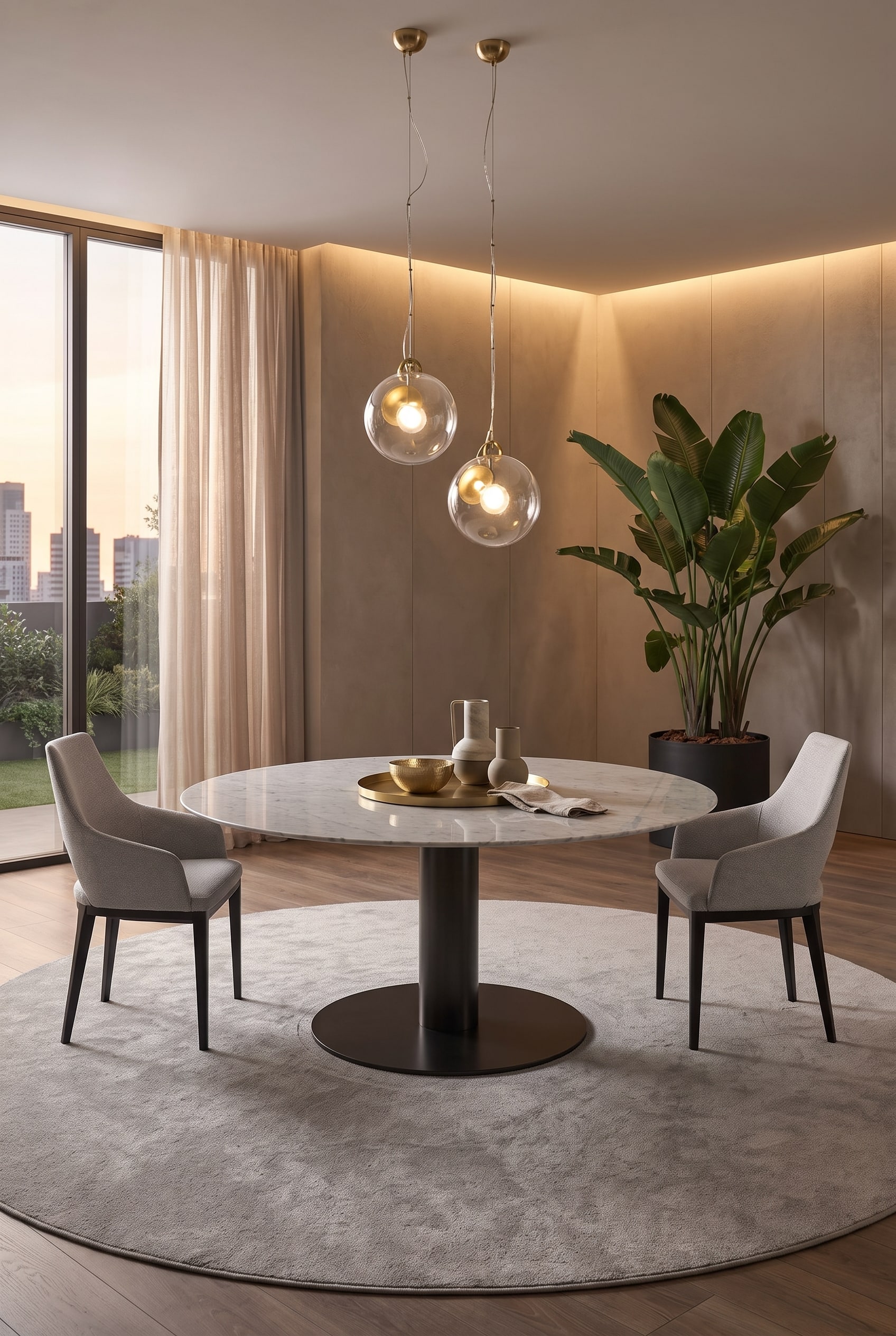 Moderne eetkamer met ronde marmeren tafel, cirkelvormig messing dienblad en lichtgrijze gestoffeerde stoelen