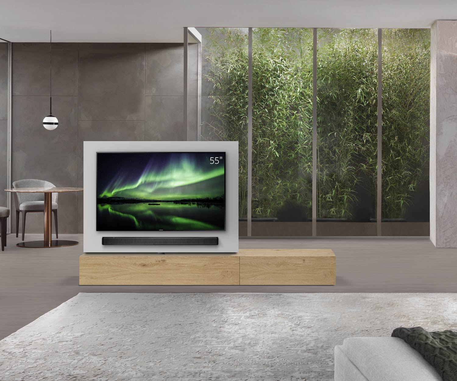 Livitalia Roto Design Lowboard Raumteiler mit drehbarem TV Paneel B150 65 H33 T47 EiHe B90re oBox