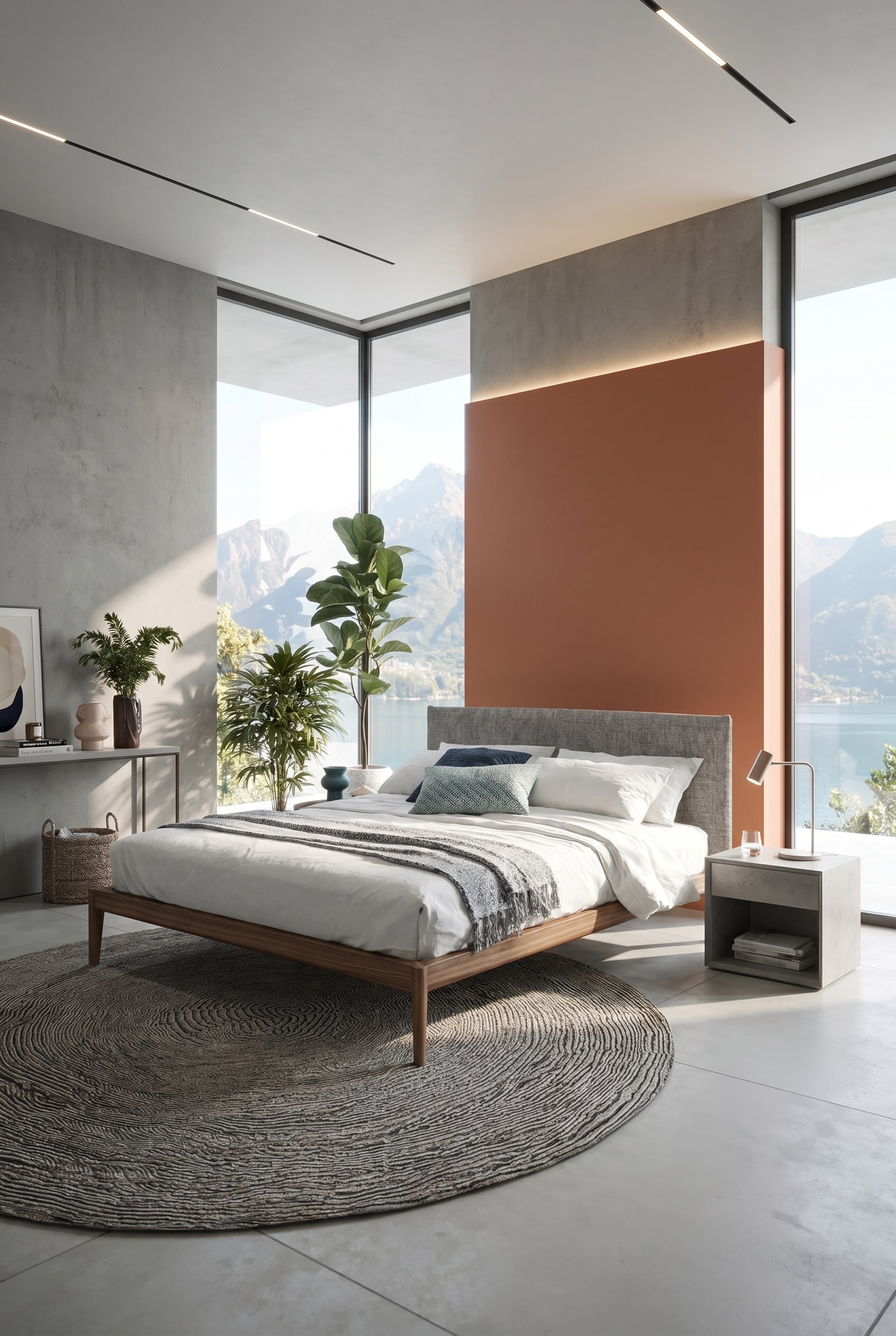 Struttura letto in legno massello davanti a un angolo della stanza dipinto in modo asimmetrico con vista su un paesaggio montano