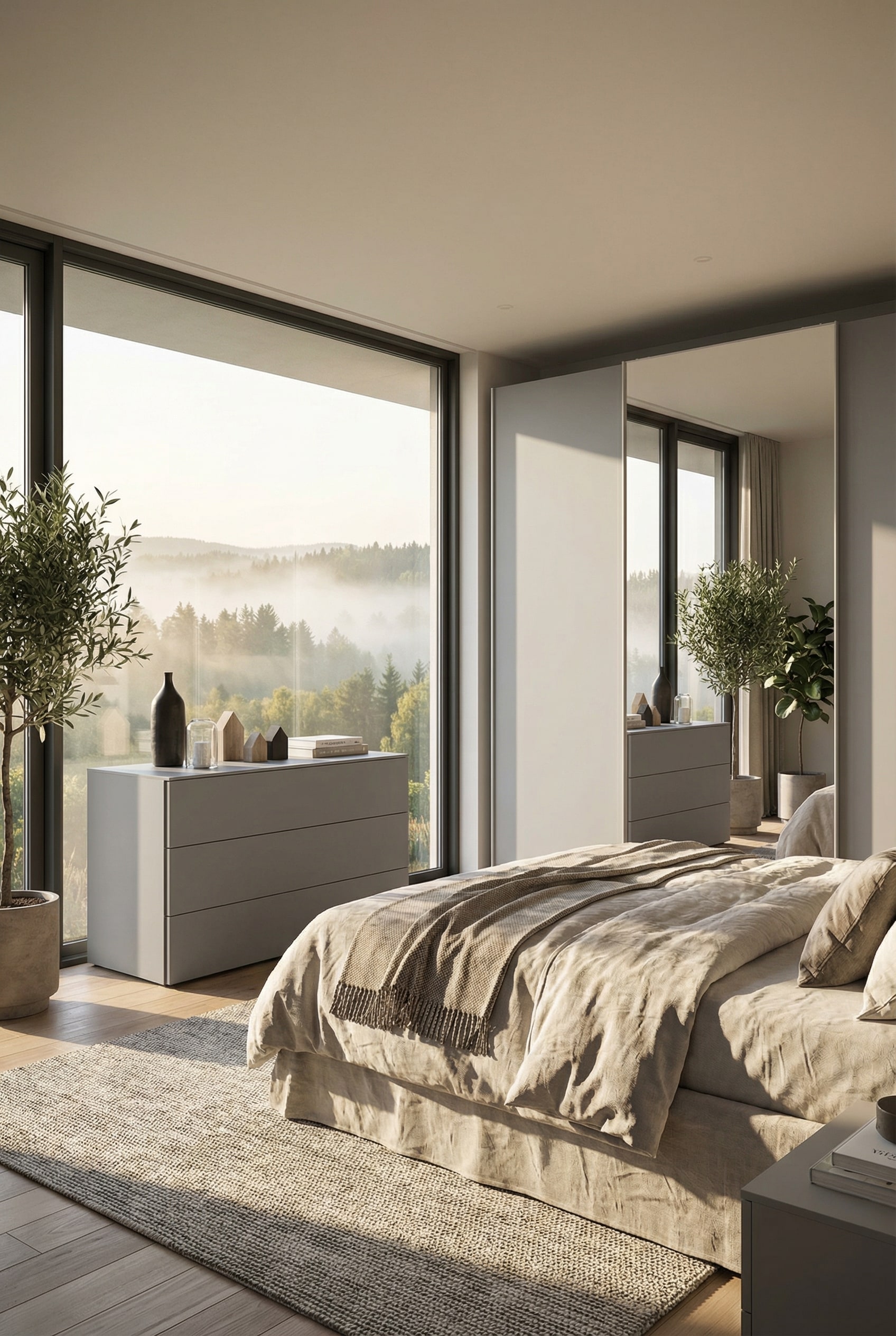 Minimalistische Livitalia Atena ladekast in een moderne slaapkamer met veel daglicht.