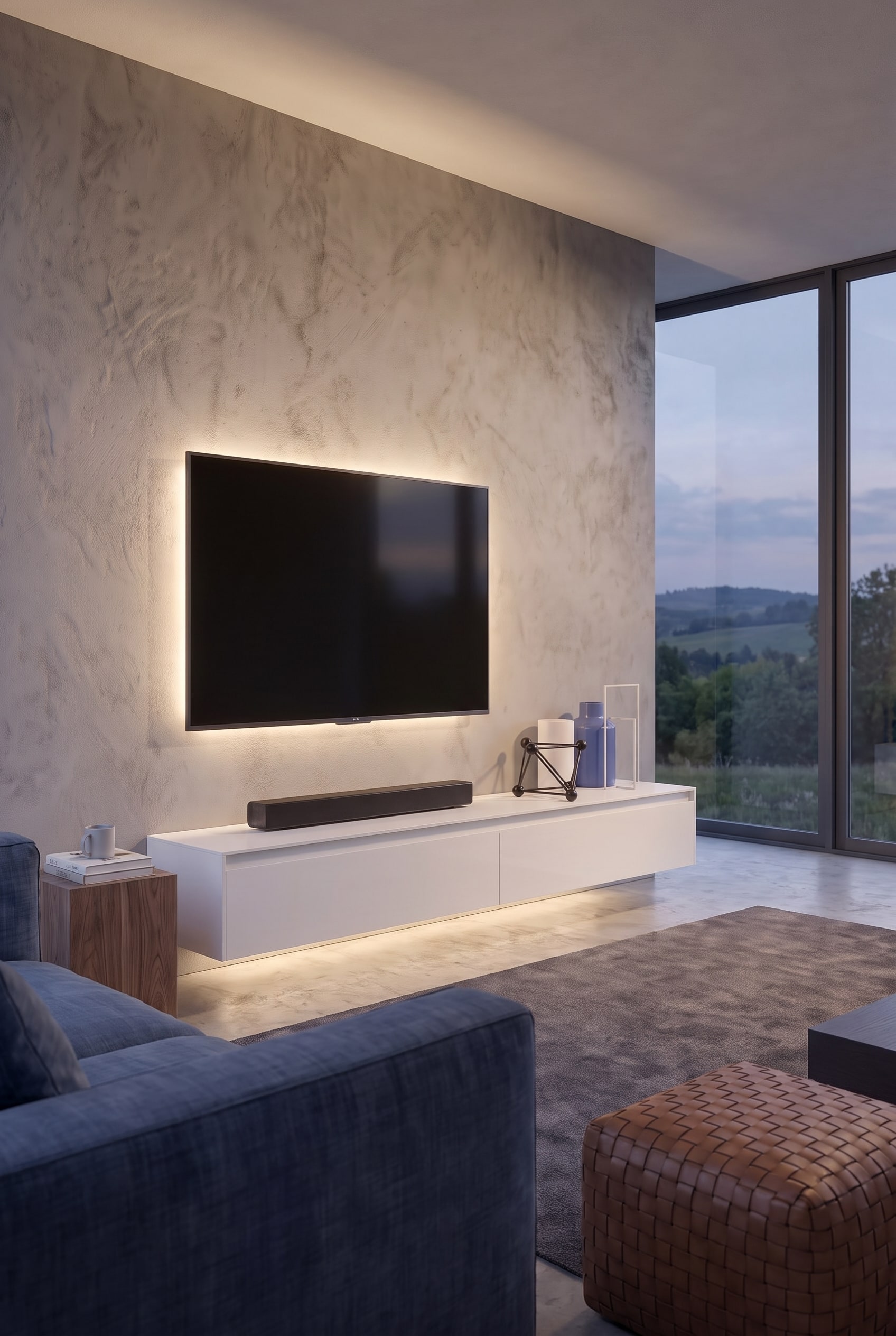 Salon moderne avec un meuble bas flottant en surface mate et un écran plat discrètement placé
