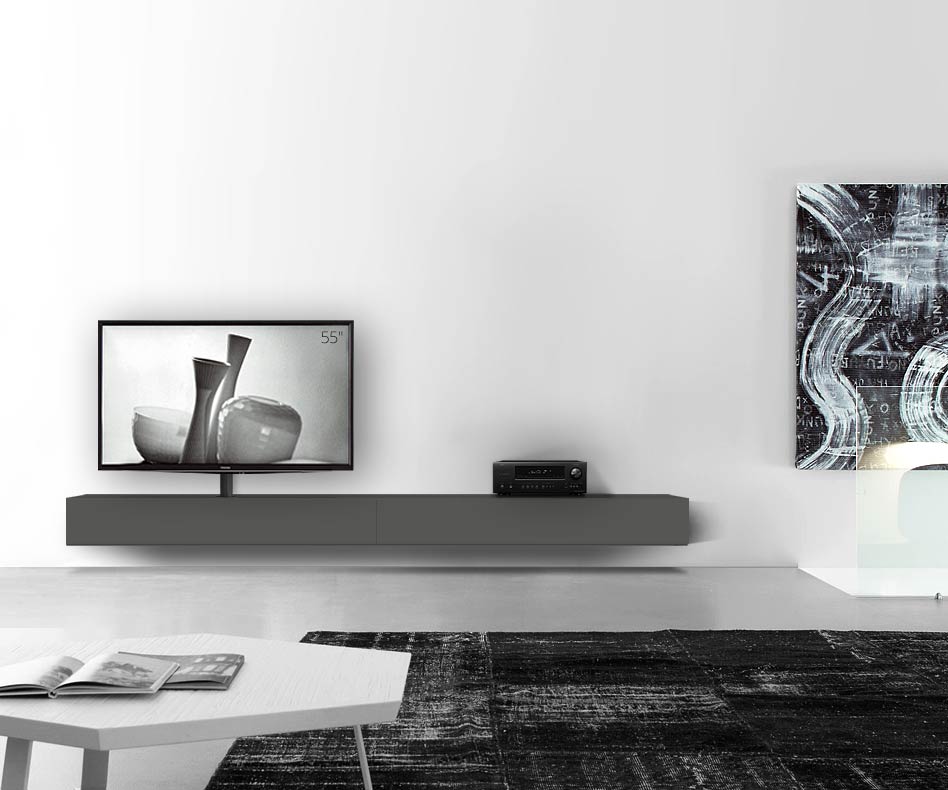 Design Lowboard Konfigurator mit TV Halterung Wand Breite 300 24 45 links matt dunkelgrau