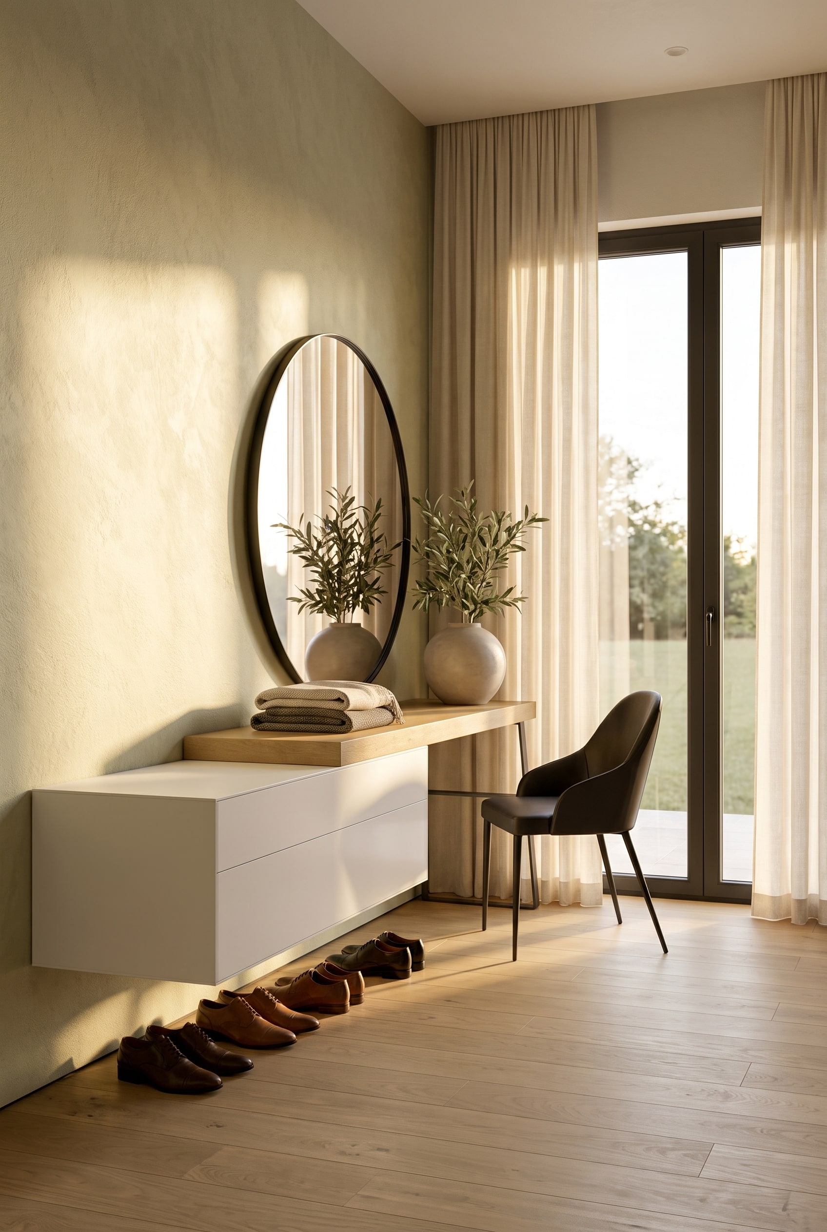 Credenza bassa piatta con due cassetti utilizzata come panca, con un cuscino in lino e un plaid in cashmere sopra