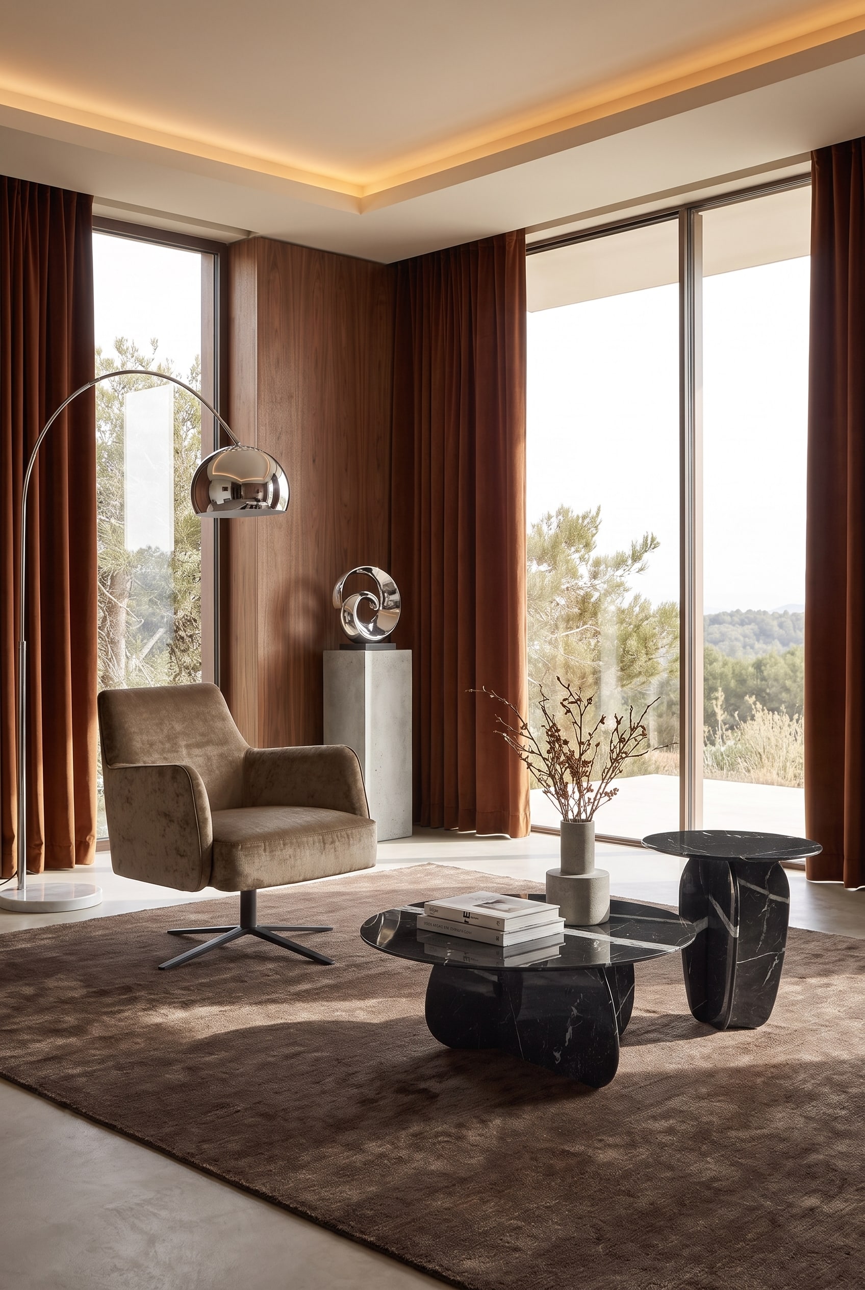 Moderne woonkamer met een organisch gevormde fauteuil van roestbruin fluweel voor een grote raampartij