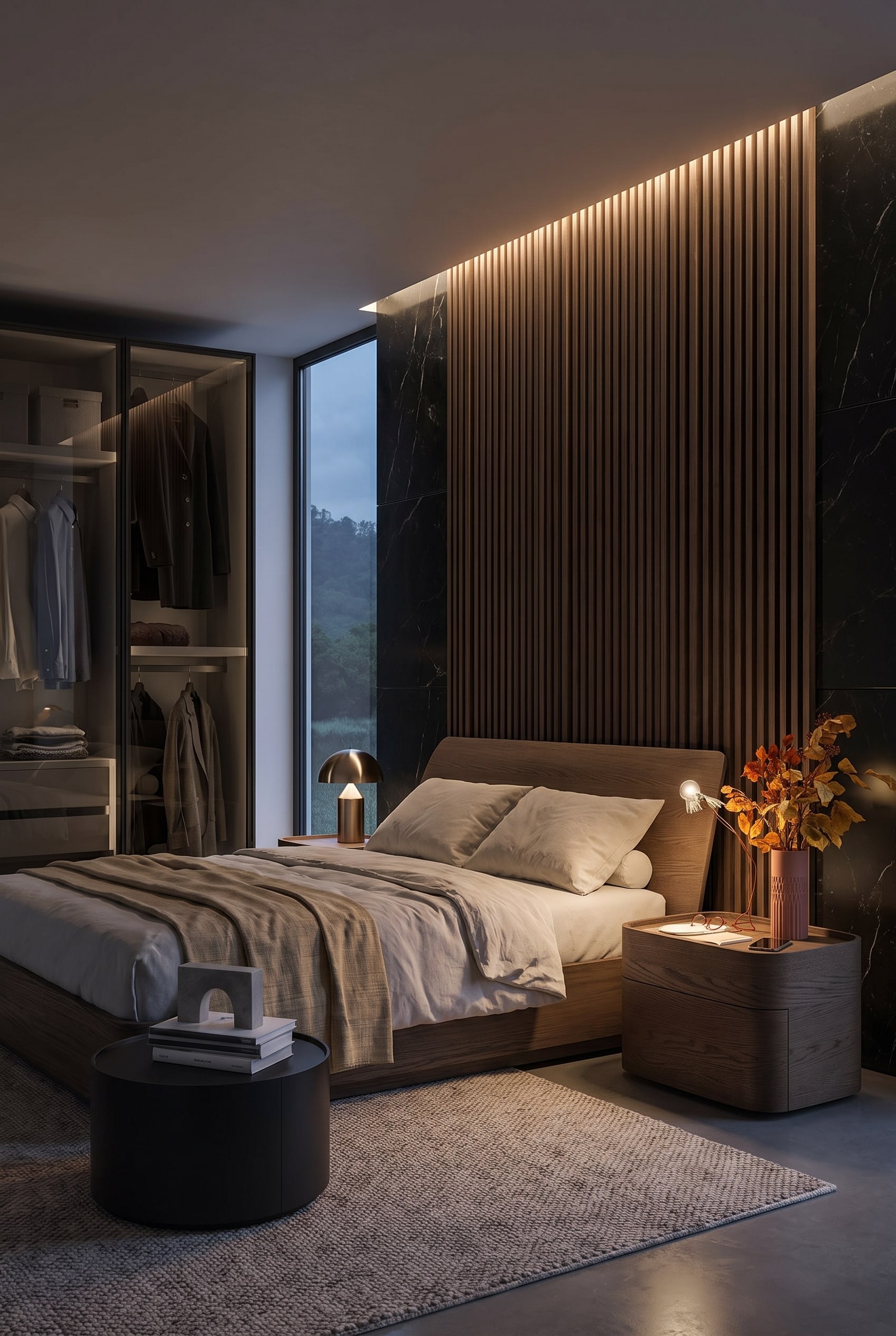 Pannelli acustici in legno centrati dietro un letto con due comodini minimalisti in un'elegante camera da letto