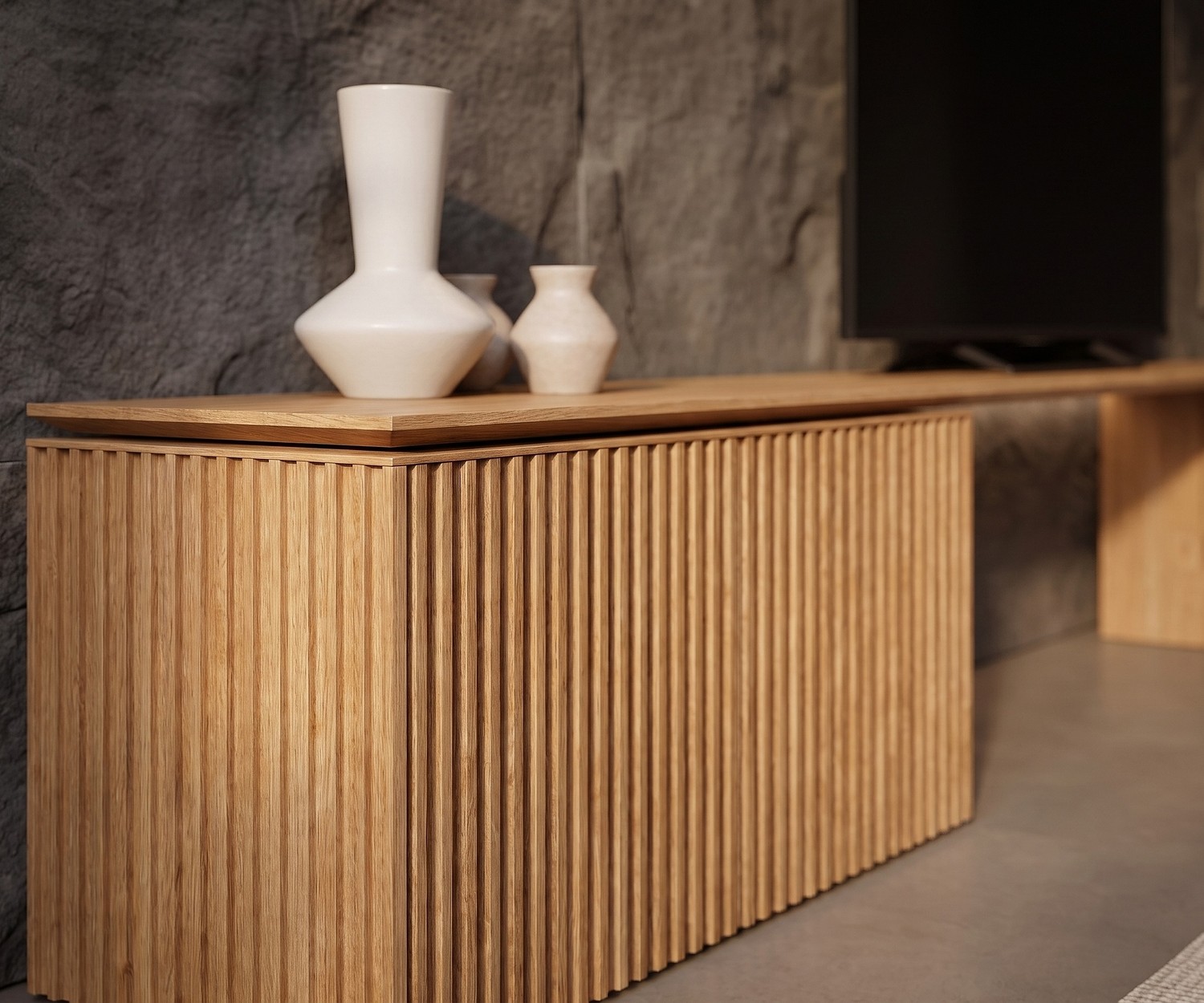 Punt Velasca Sideboard TV Unit Punt Velasca sideboard as a modern black wood TV unit in a minimalist living room.