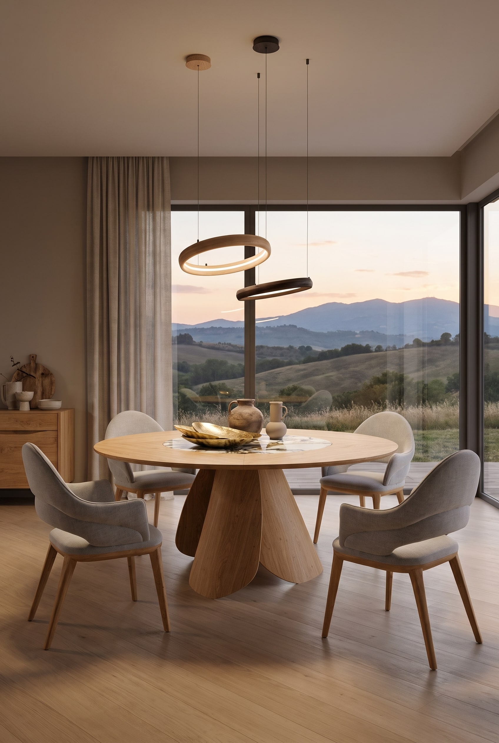 Zona pranzo con la poltrona con braccioli Conde House Kamuy in legno delicato e imbottitura dai toni tenui davanti a una parete color greige