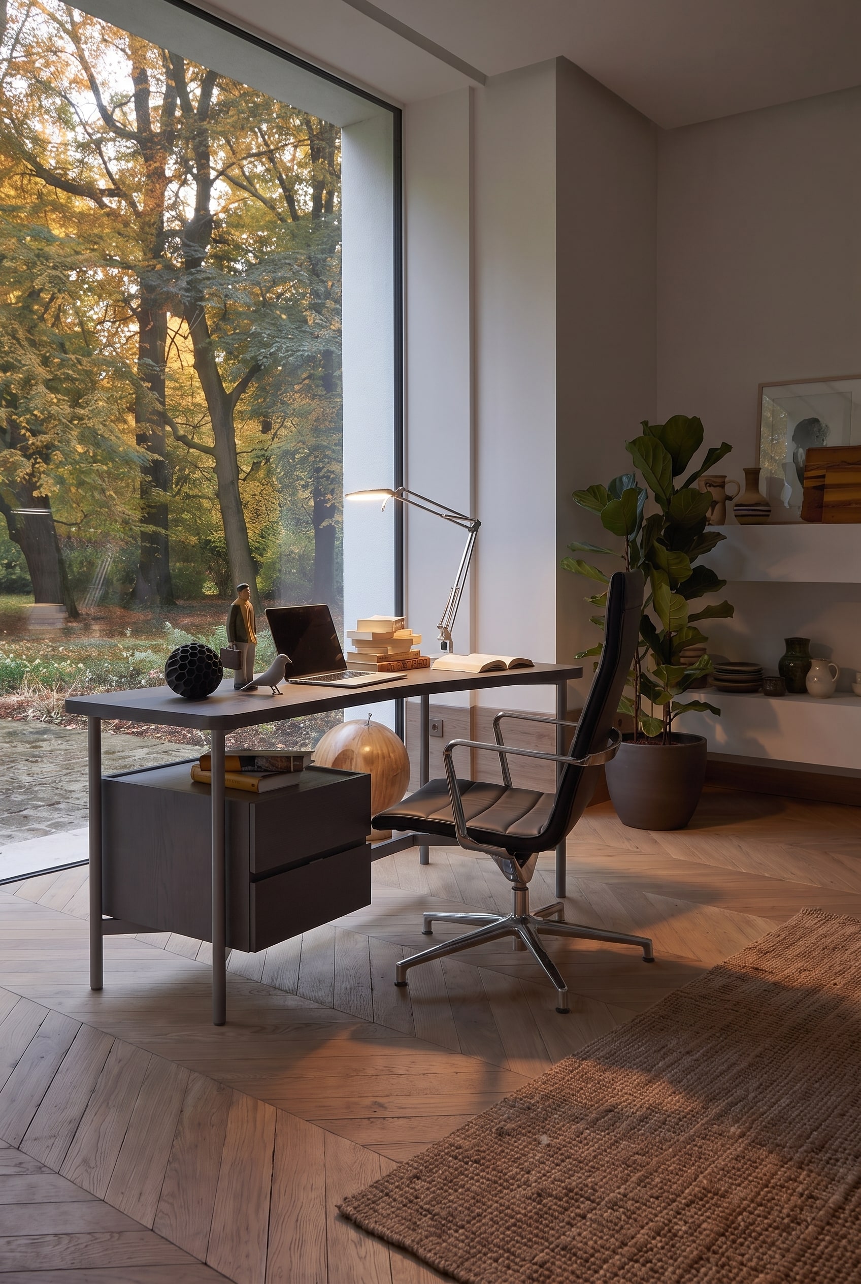 Seitenansicht des dunklen Schreibtisches vor einem großen Fenster, die das schwebende Design der Tischplatte betont.