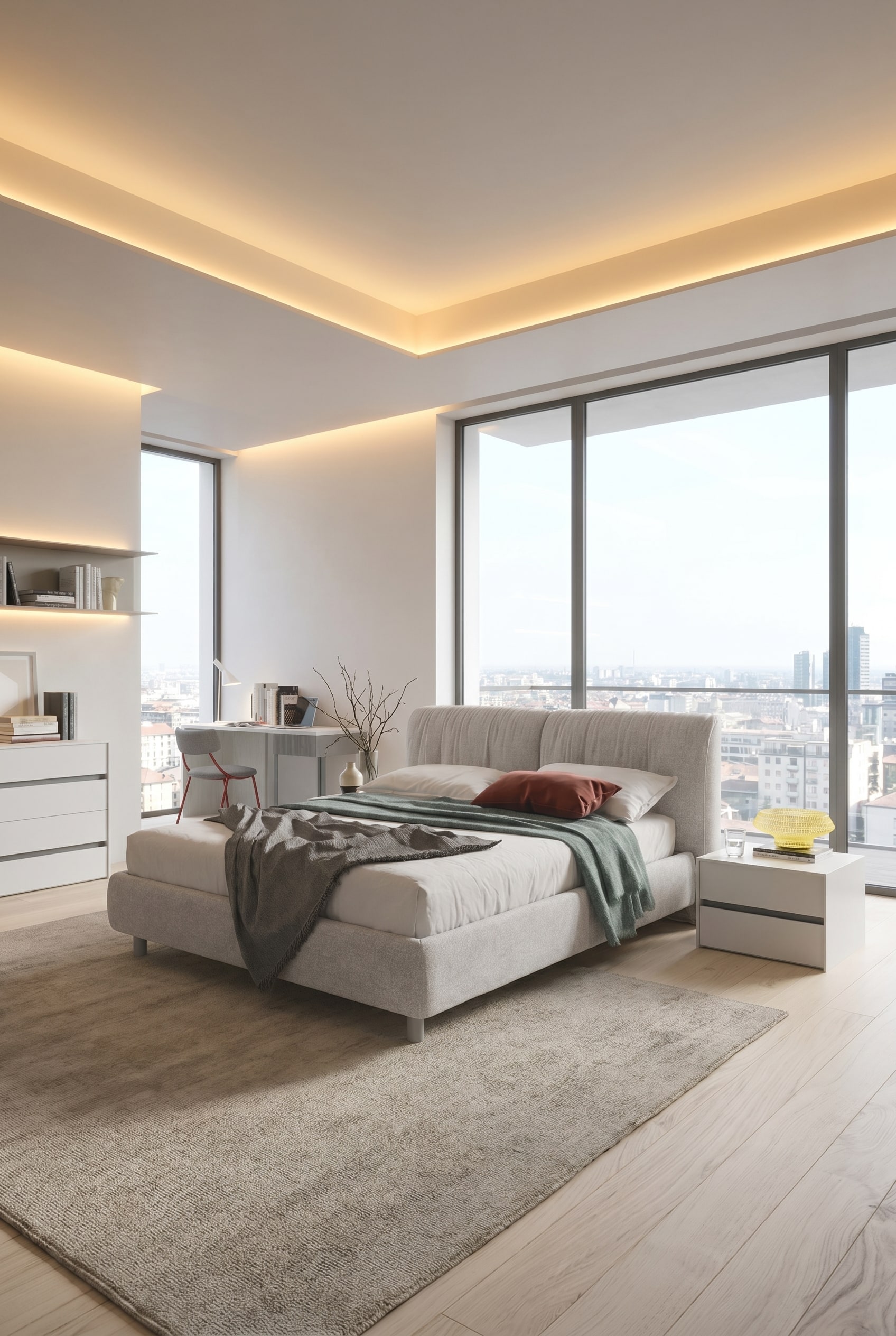 Camera da letto moderna con finestre a tutta altezza, un grande letto imbottito grigio chiaro, tappeto in lana beige e comodini bianchi minimalisti in controluce soffuso