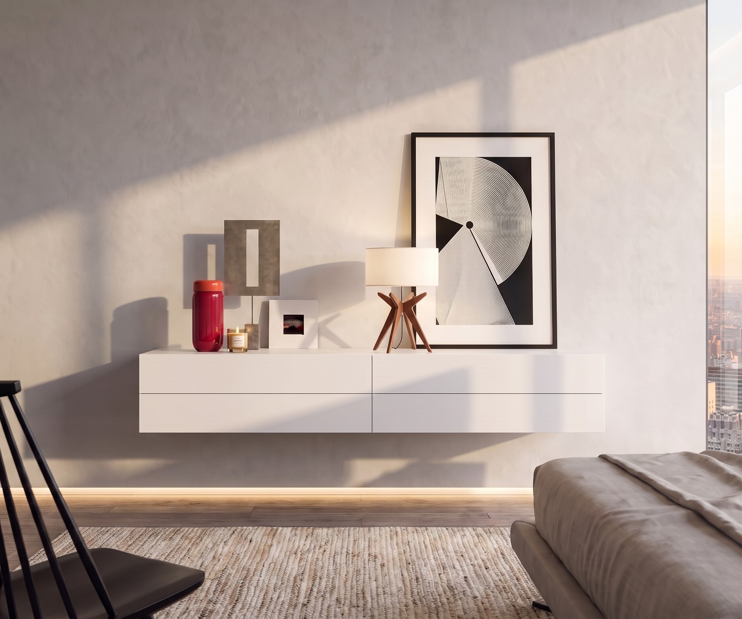 Novamobili Hängekommode Easy mit 4 Schubladen Hängekommode im Schlafzimmer: Weiße Novamobili Hängekommode Easy mit 4 Schubladen in modernem, minimalistischem Design.
