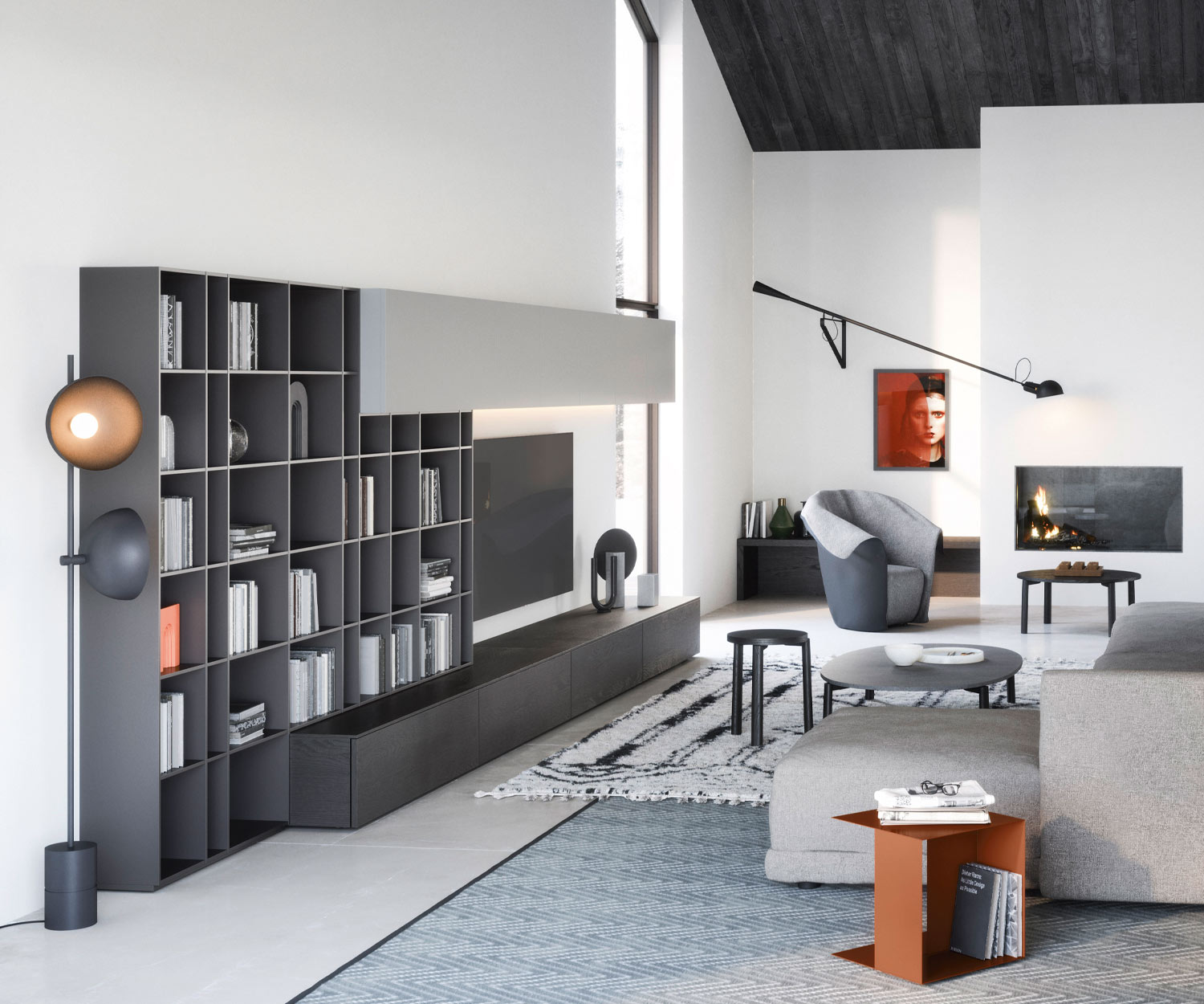 Moderne Designer Wohnwand LV027 von Novamobili mit Bücherregal und Hängeschränken