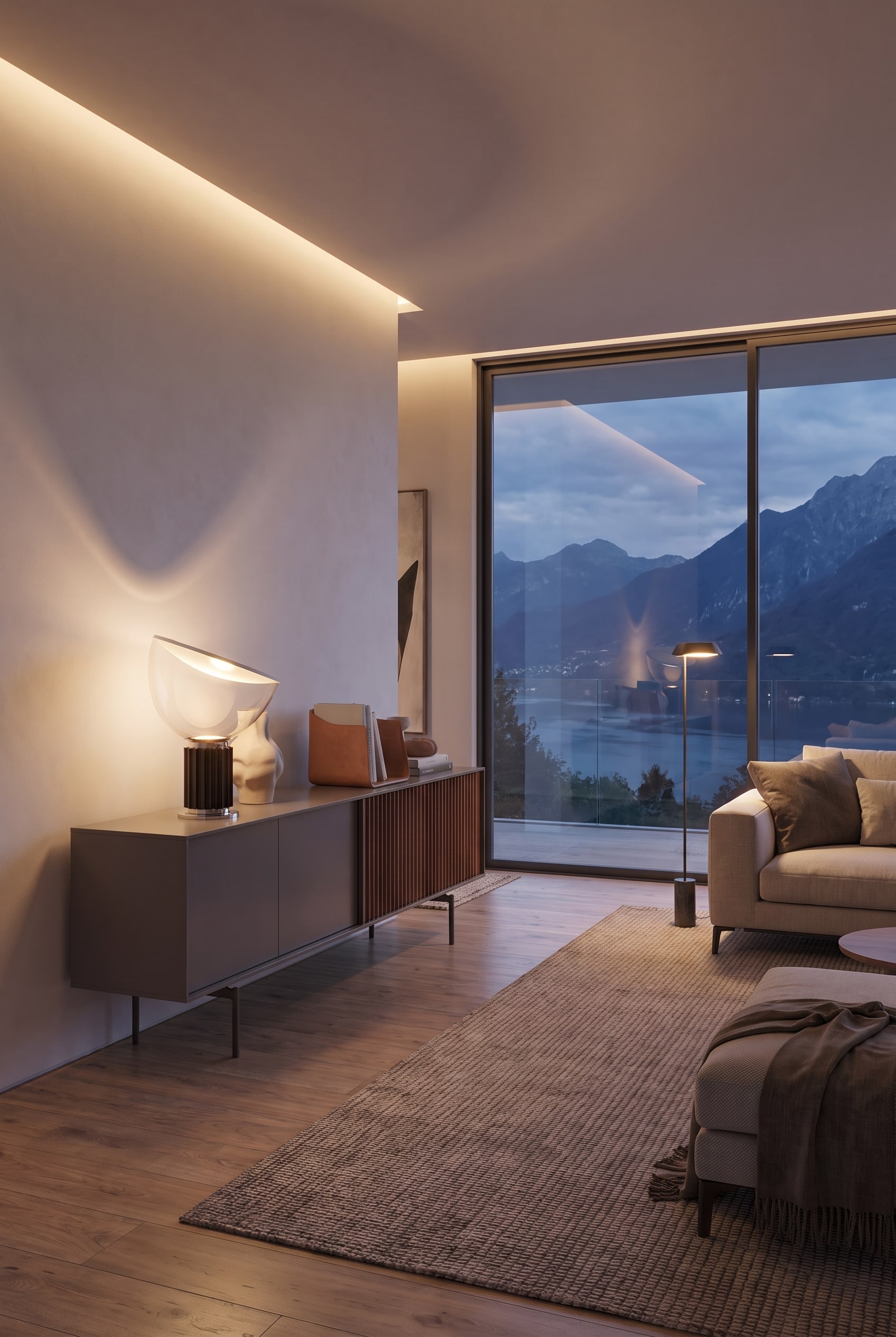Modernes Wohnzimmer mit gro&szlig;em Panoramafenster, Berglandschaft im Hintergrund und einem eleganten Sideboard mit Holzlamellen.