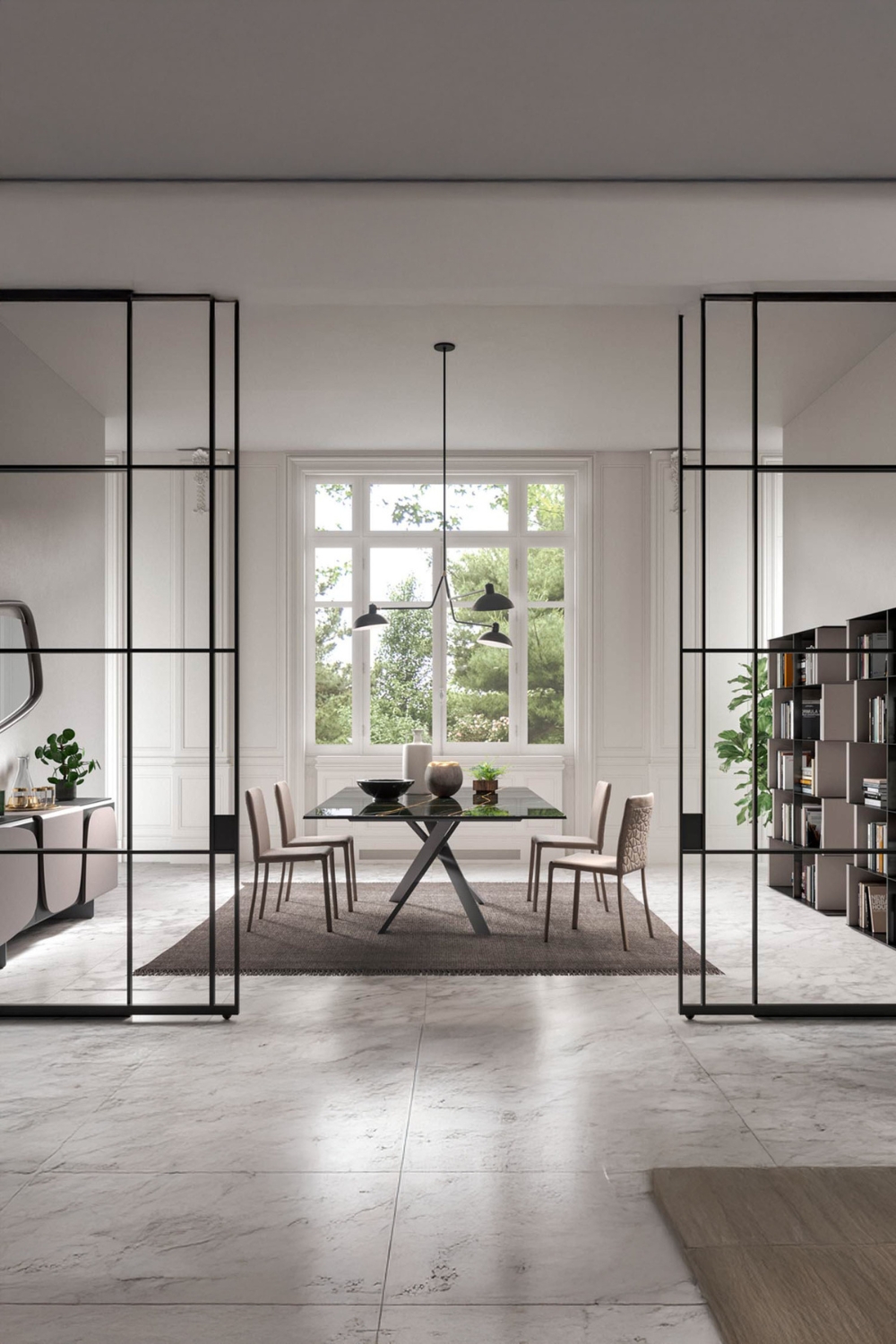 grosszuegiges-esszimmer-mit-verlaengerbarem-esstisch-zwischen-einem-sideboard-und-einem-wandregal