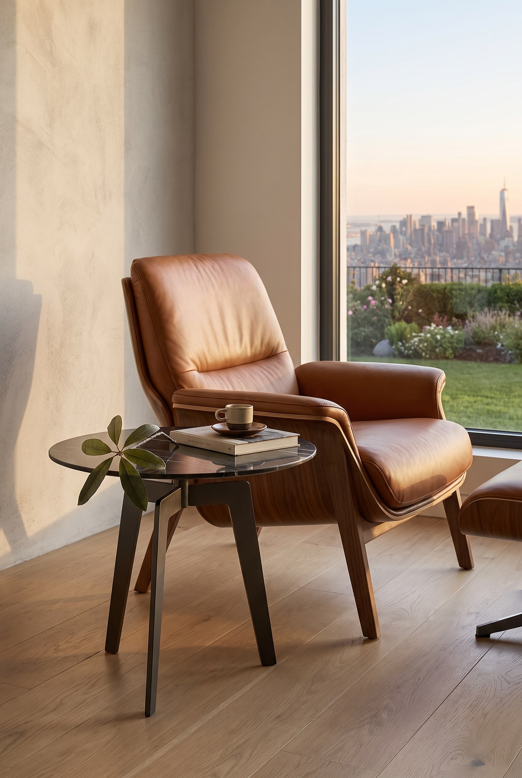Un elegante tavolino d'appoggio accanto a una comoda poltrona lounge in un soggiorno arredato in stile moderno.