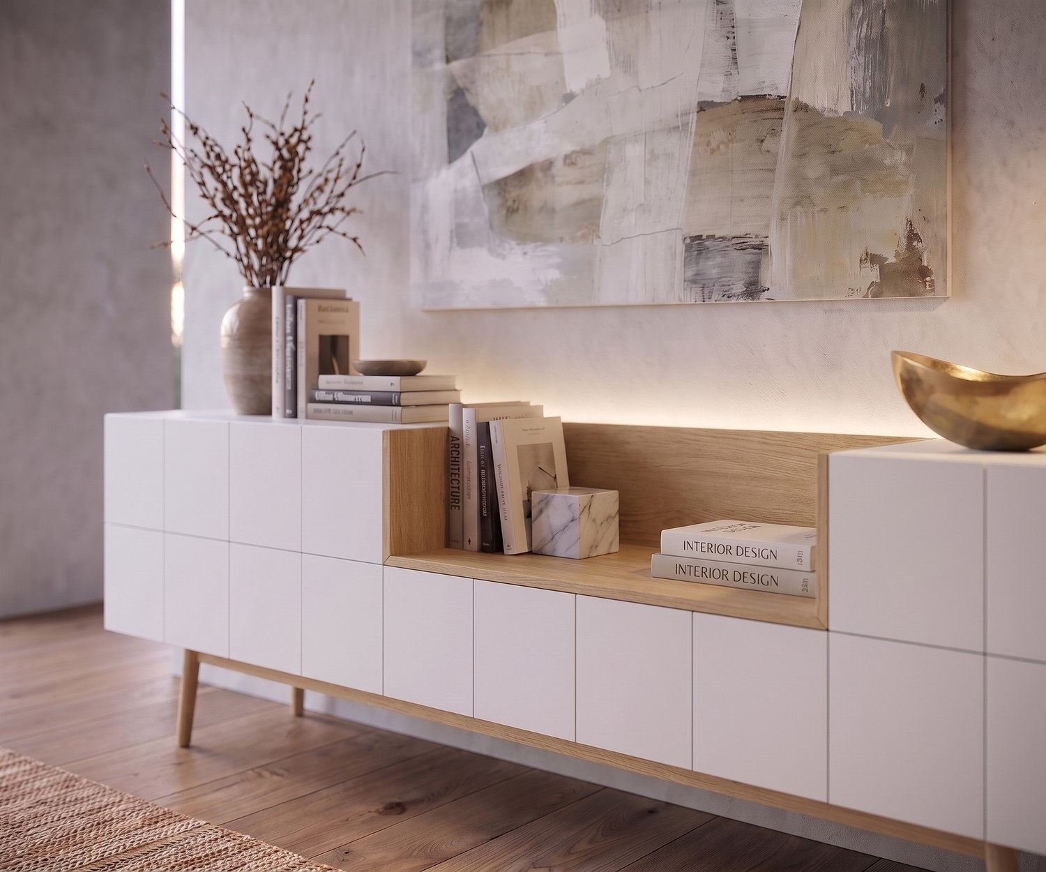 al2 MOS-I-KO 003 A Designer Sideboard in White and Oak al2 MOS-I-KO 003 A sideboard for living room storage, white matte and oak wood in a modern minimalist style.