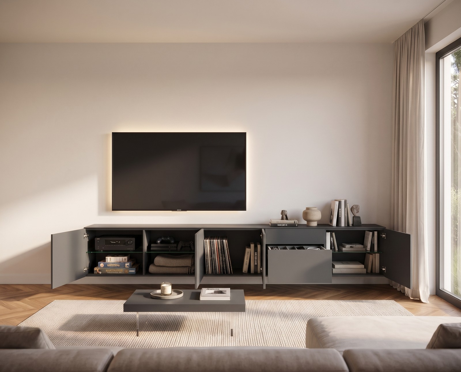 Spaziora TV sideboard W 300 cm with open doors and drawer: lots of storage with glass shelves