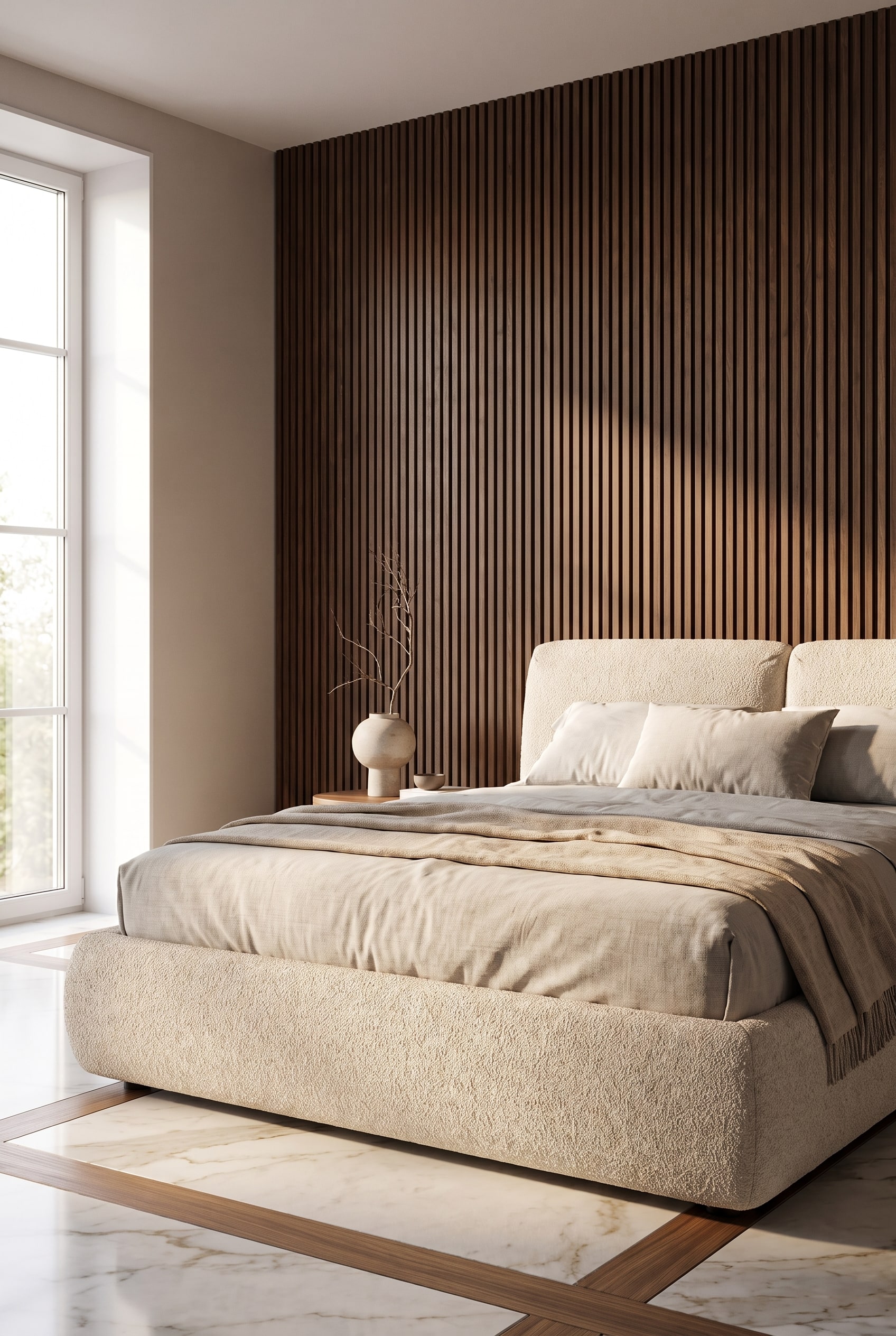 Camera da letto tranquilla con letto imbottito voluminoso davanti a una parete acustica in legno di noce scuro