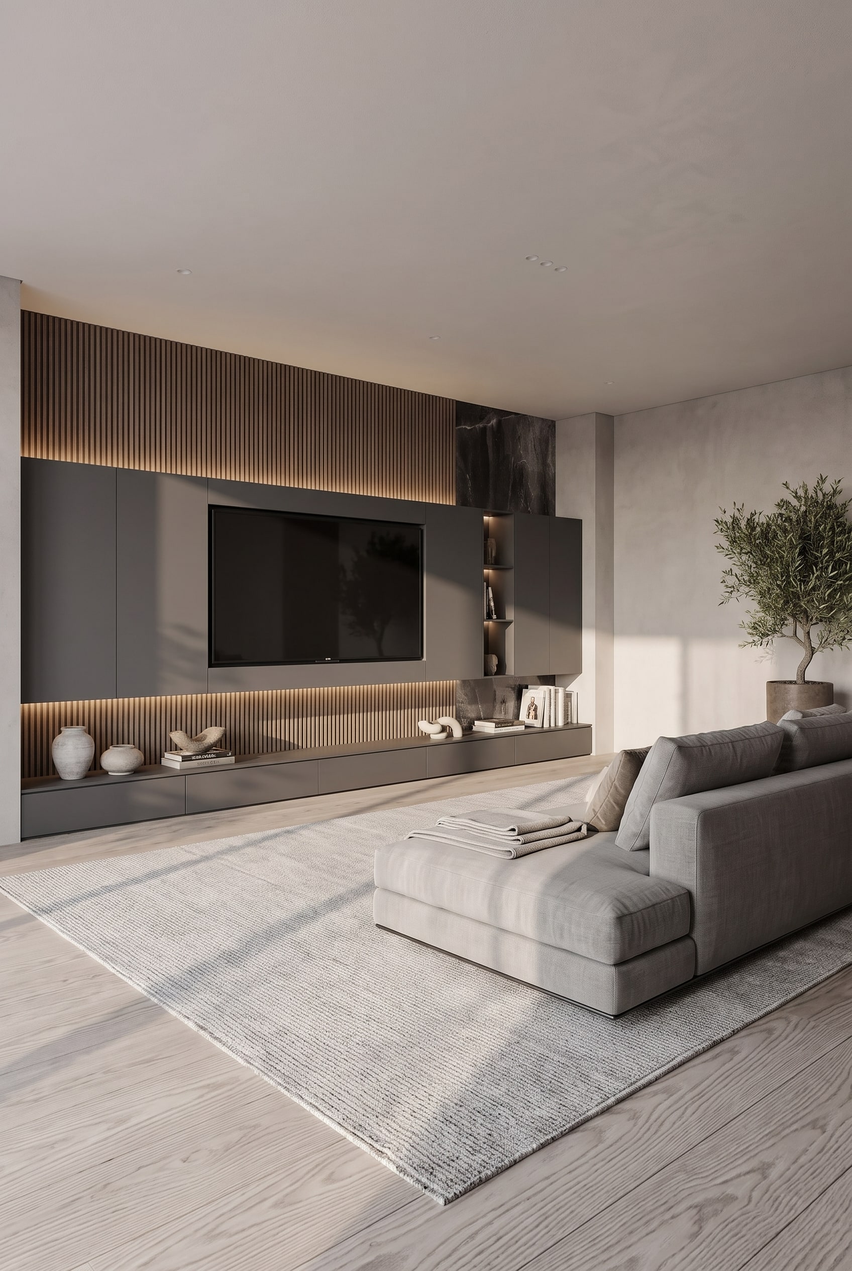 A four-meter wide custom wall unit, where a deep base lowboard transitions into shallower wall-mounted cabinets and frames an 85-inch television.