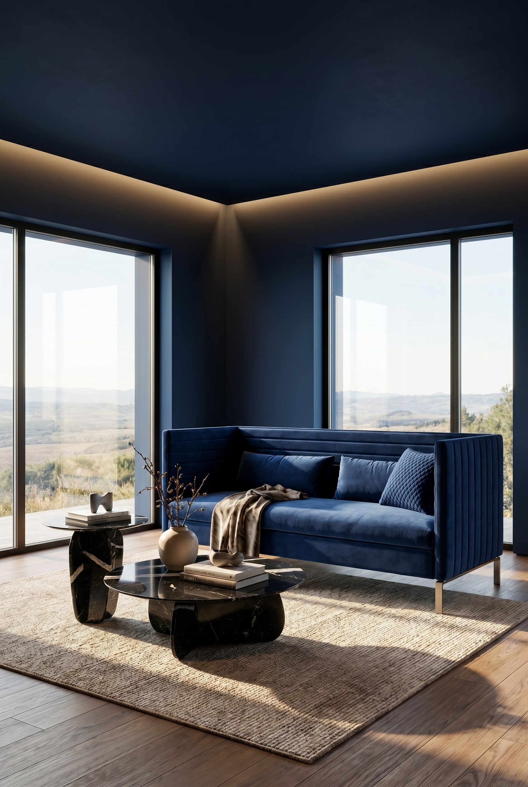 Soggiorno con concetto cromatico cocooning scuro in blu notte e un lussuoso divano blu con trapuntatura verticale