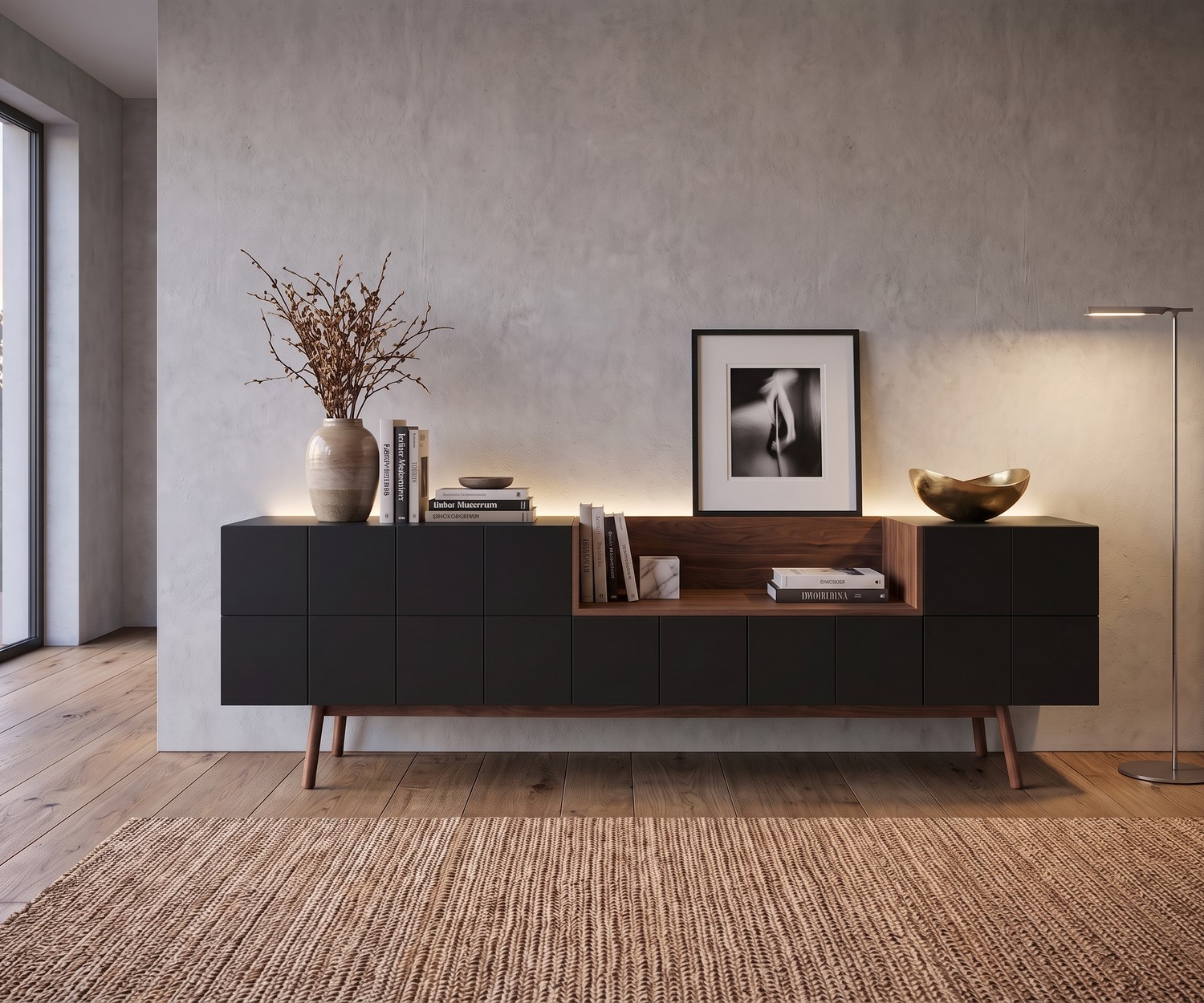 al2 Sideboard MOS-I-KO 003 A im Wohnzimmer aus mattschwarzem Lack und Holz im modernen Retro-Stil mit viel Stauraum.