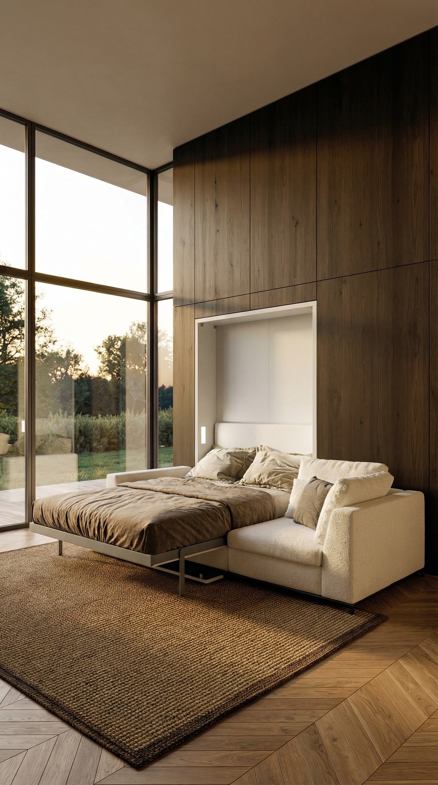 Ein luxuriöses Lounge-Zimmer mit einem bequemen Sofa, hinter dem sich das Clei Tonale Schrankbett verbirgt. Ein luxuriöses Lounge-Zimmer mit einem bequemen Sofa, hinter dem sich das Clei Tonale Schrankbett verbirgt.