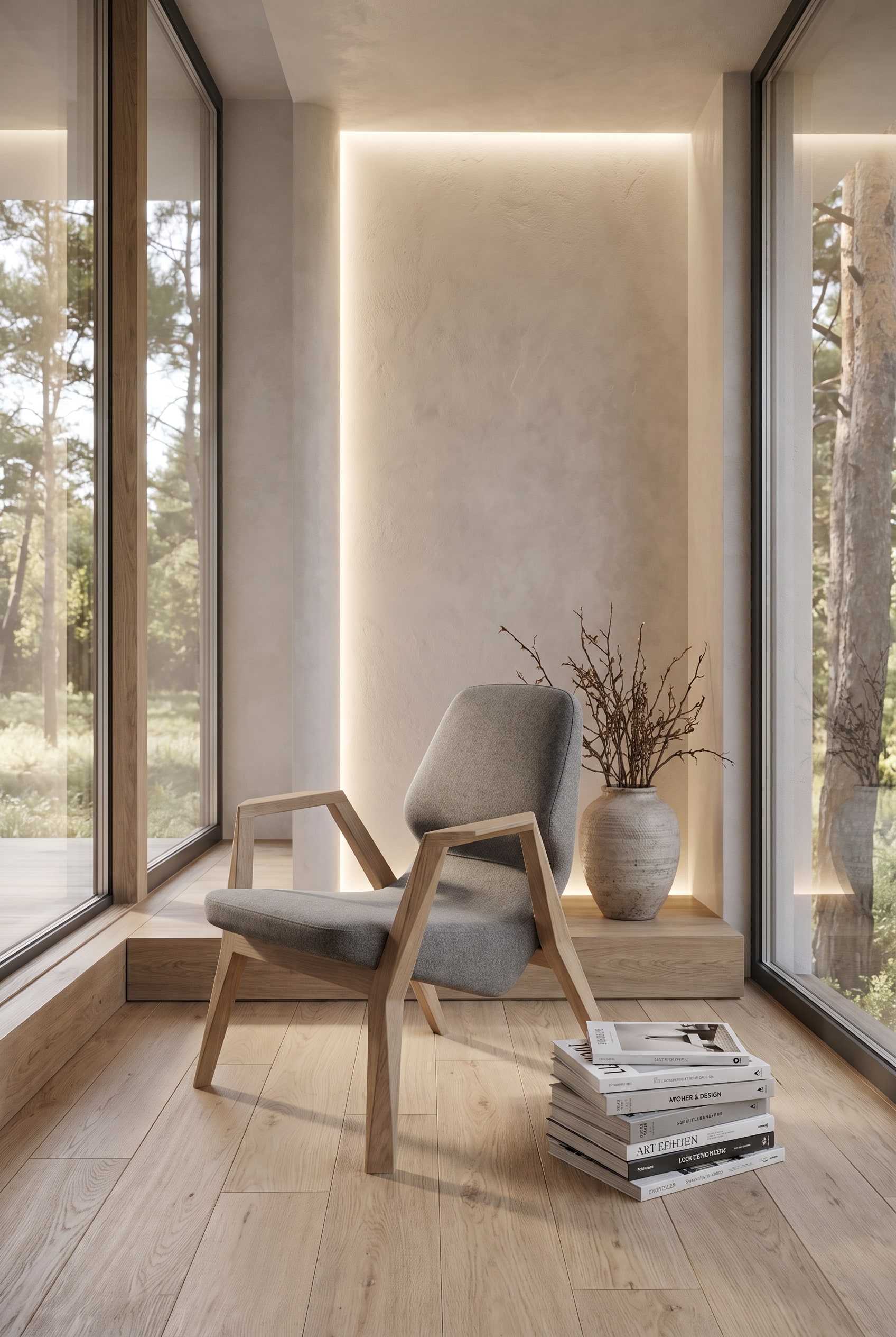Scandinavian inspired living room with wooden armchair and textured fabric upholstery