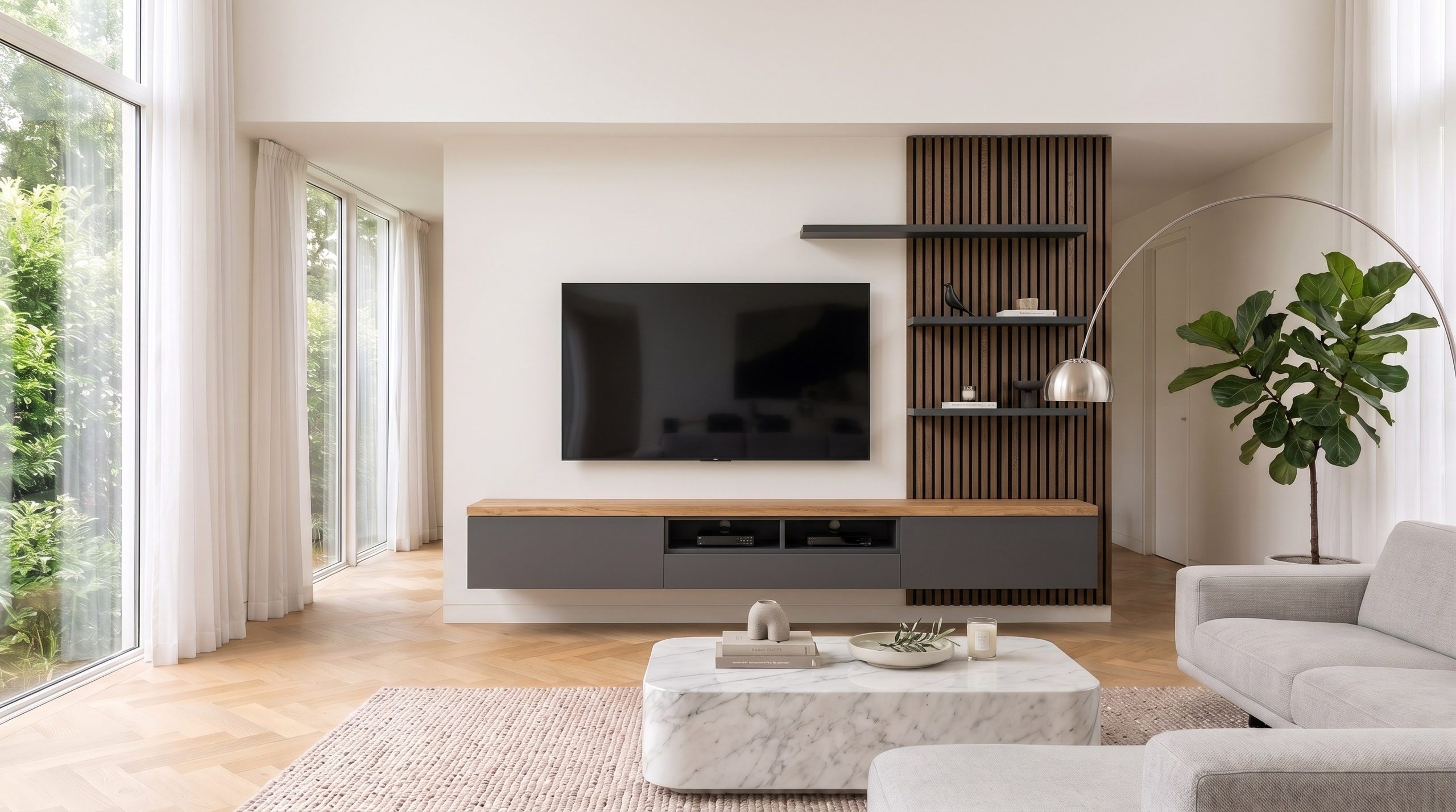 Woonkamer met wandhangend Livitalia Lowboard C101 in donkergrijs met lichte houten afdekplaat onder de televisie, daarnaast een lamellenpaneel met legplanken