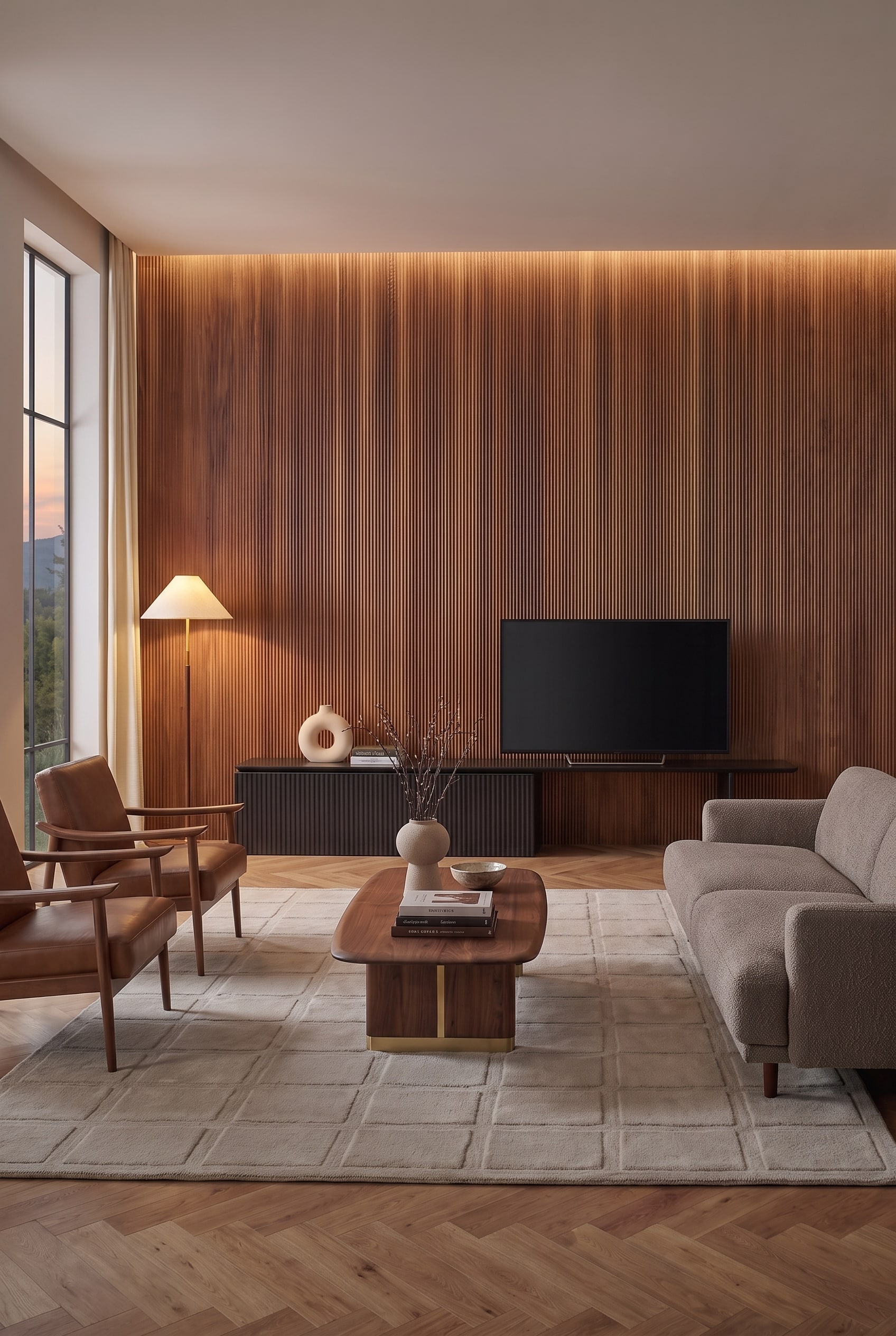 Frontaal totaalbeeld van de woonkamer met donkere houten lattenwand, zwart lowboard, televisie, beige bank en leren fauteuils.