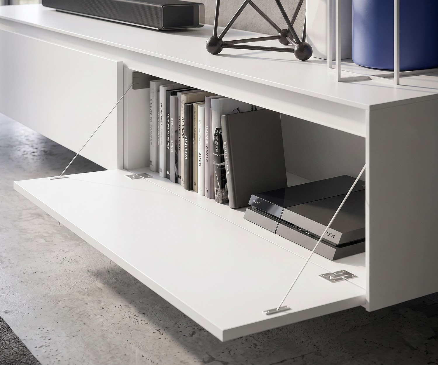 TV Lowboard Novamobili Reverse für das Wohnzimmer mit offener Klapptür, Stauraum für Spielekonsole, modernes Weiß matt