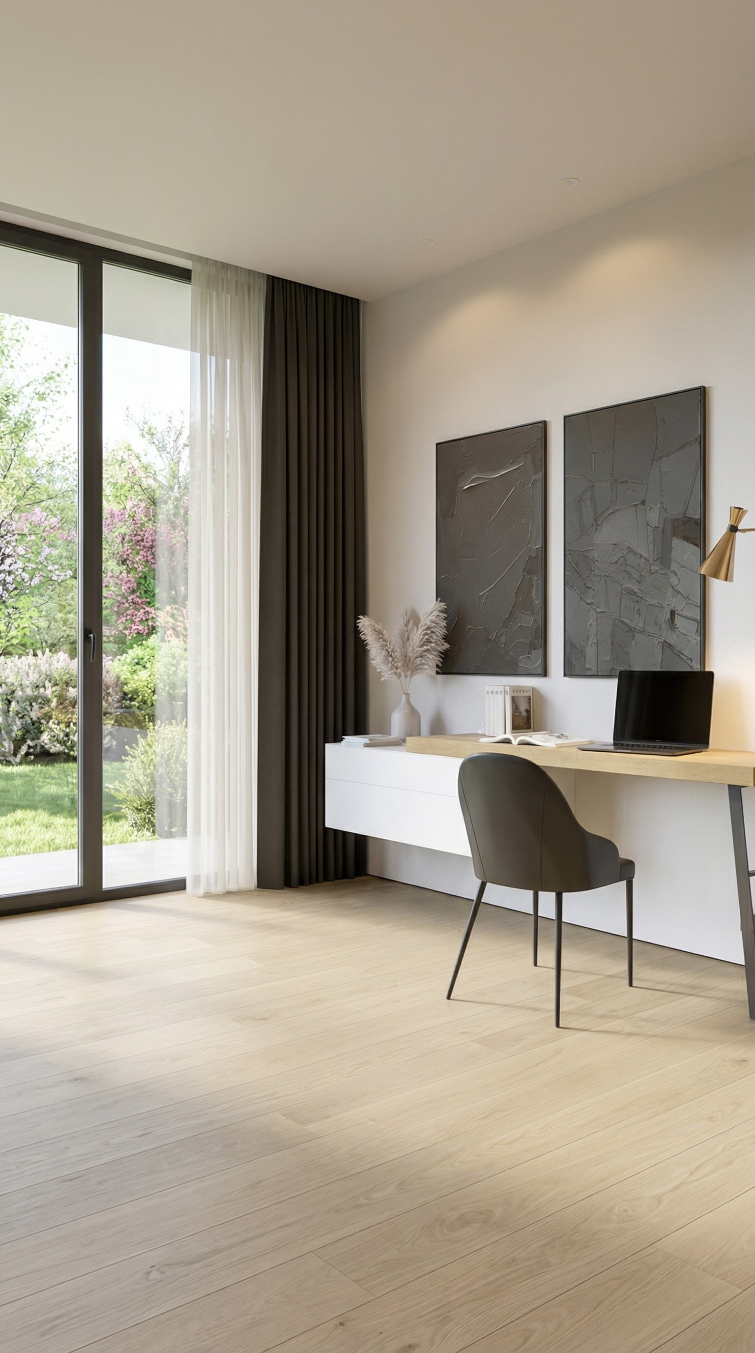 Schwebende wei&szlig;e Wandkommode mit einer Holzplatte in einem hellen Raum