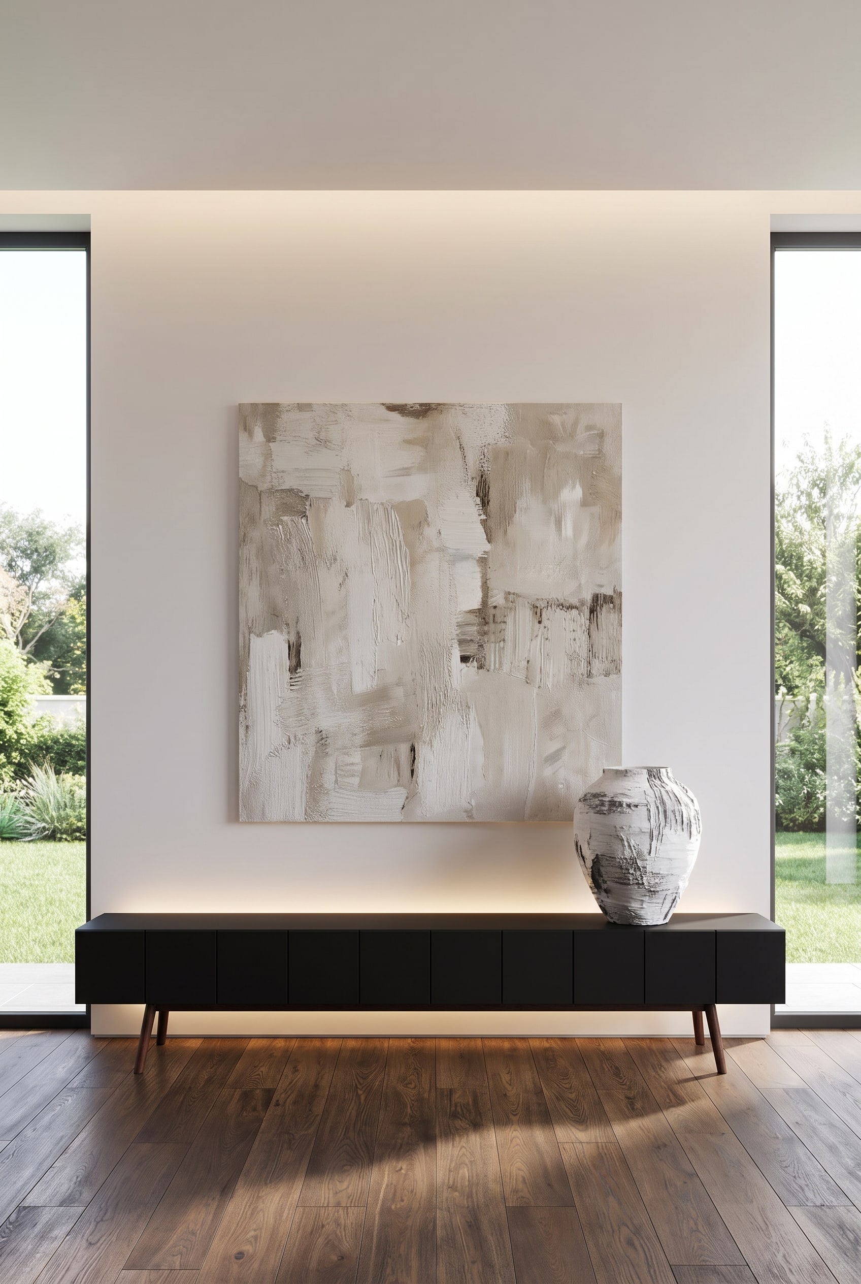 Artistic living room with handleless structured lowboard and large design vase