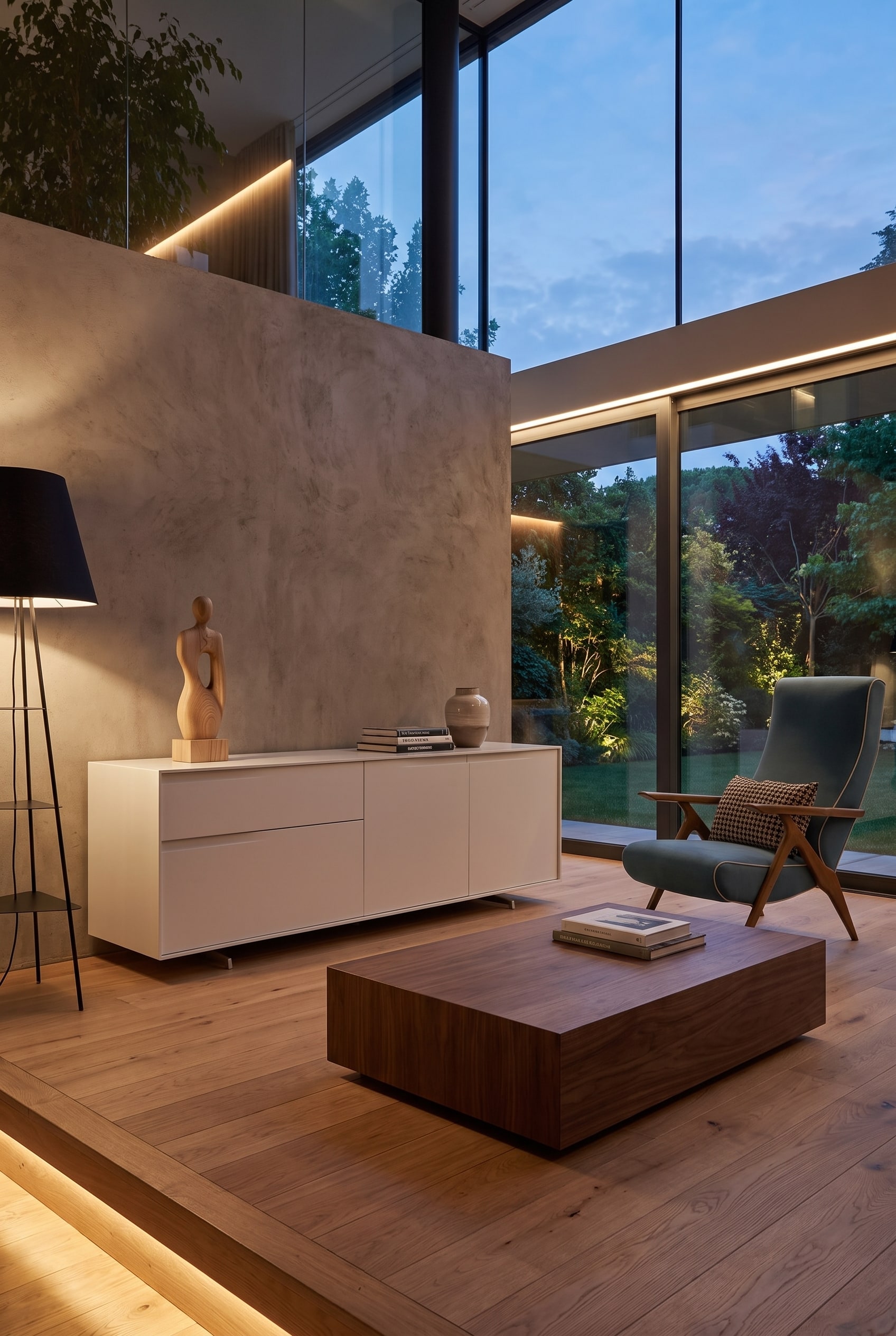 Weißes minimalistisches Sideboard als Puffer zwischen Holztisch und Holzboden
