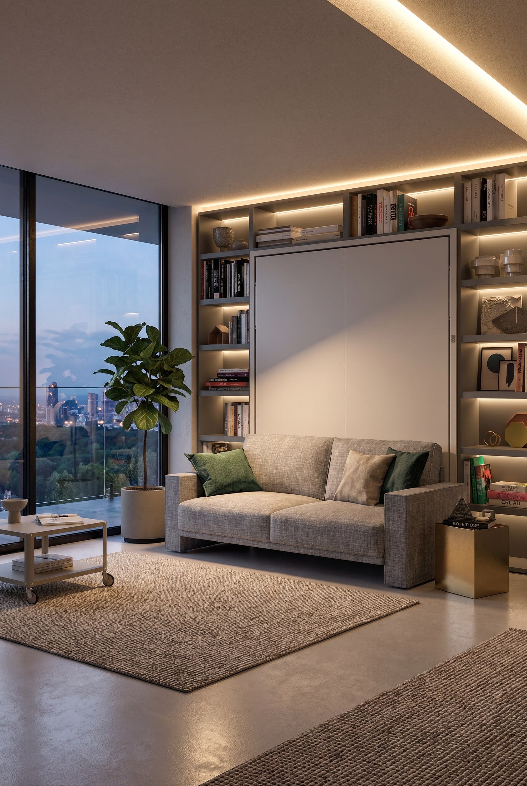 Wohnzimmer mit einem großen Wandschrank, an den frontal ein gemütliches Lounge-Sofa montiert ist, daneben ein leichter Couchtisch auf Rollen