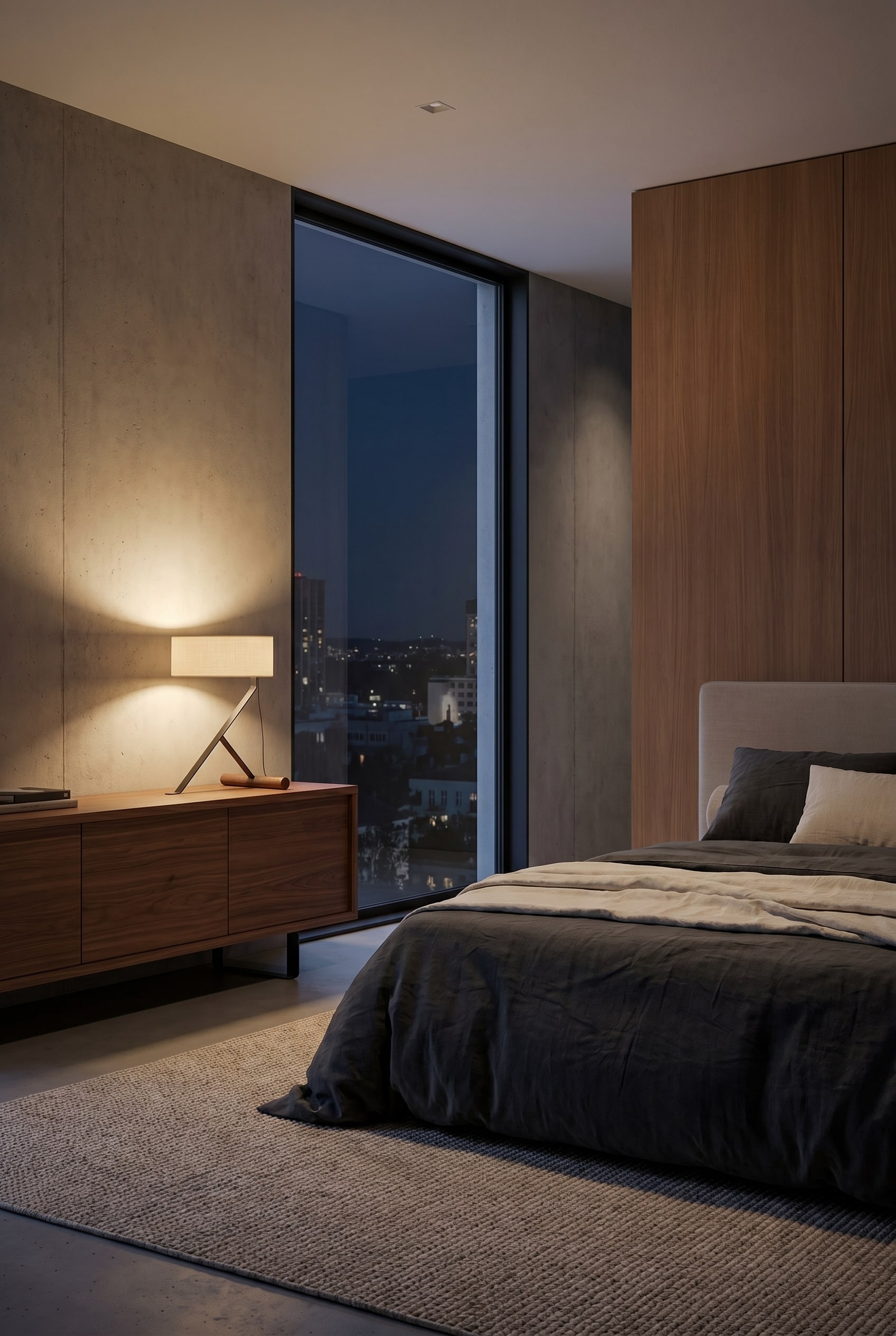 Una moderna lampada da tavolo su una cassettiera in legno, che diffonde una luce soffusa e indiretta nella camera da letto