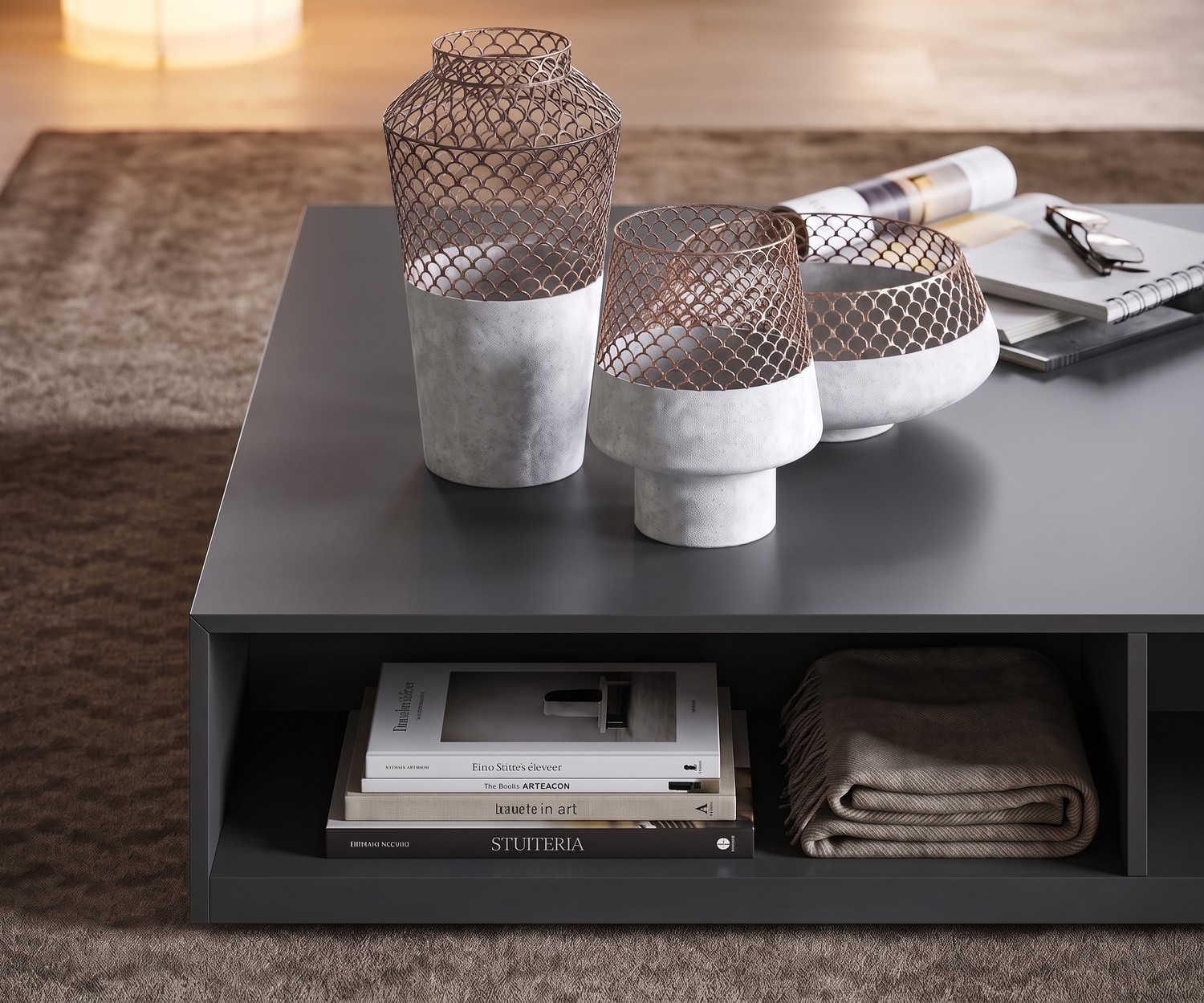 Novamobili Couchtisch Seven mit Ablagefach Couchtisch Seven von Novamobili mit praktischem Ablagefach im Wohnzimmer, dunkelgrau, modernes italienisches Design.