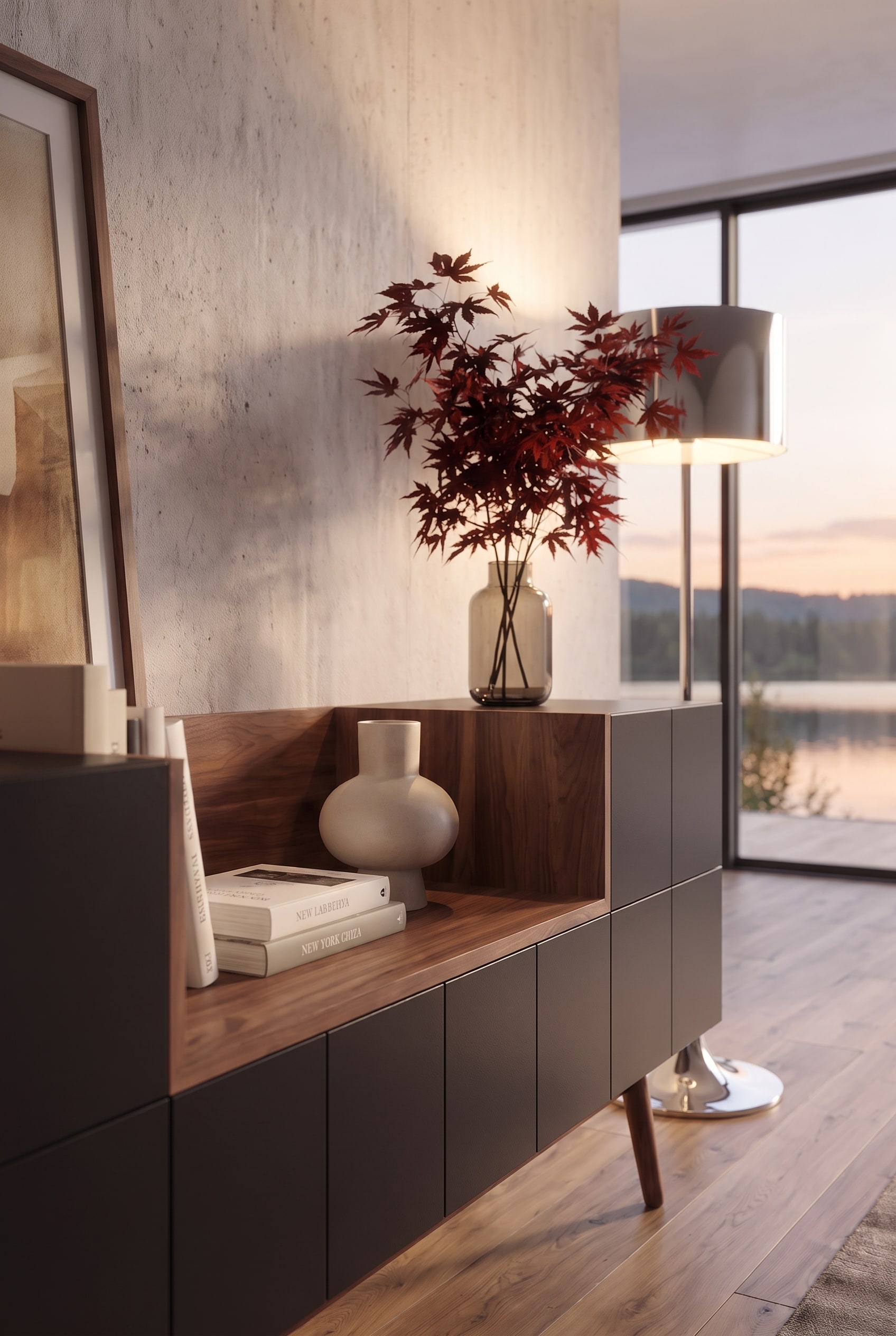 Detailopname van een donker dressoir met open houten vak, gedecoreerd met een beige vaas, boeken en donkerrode esdoorn takken.