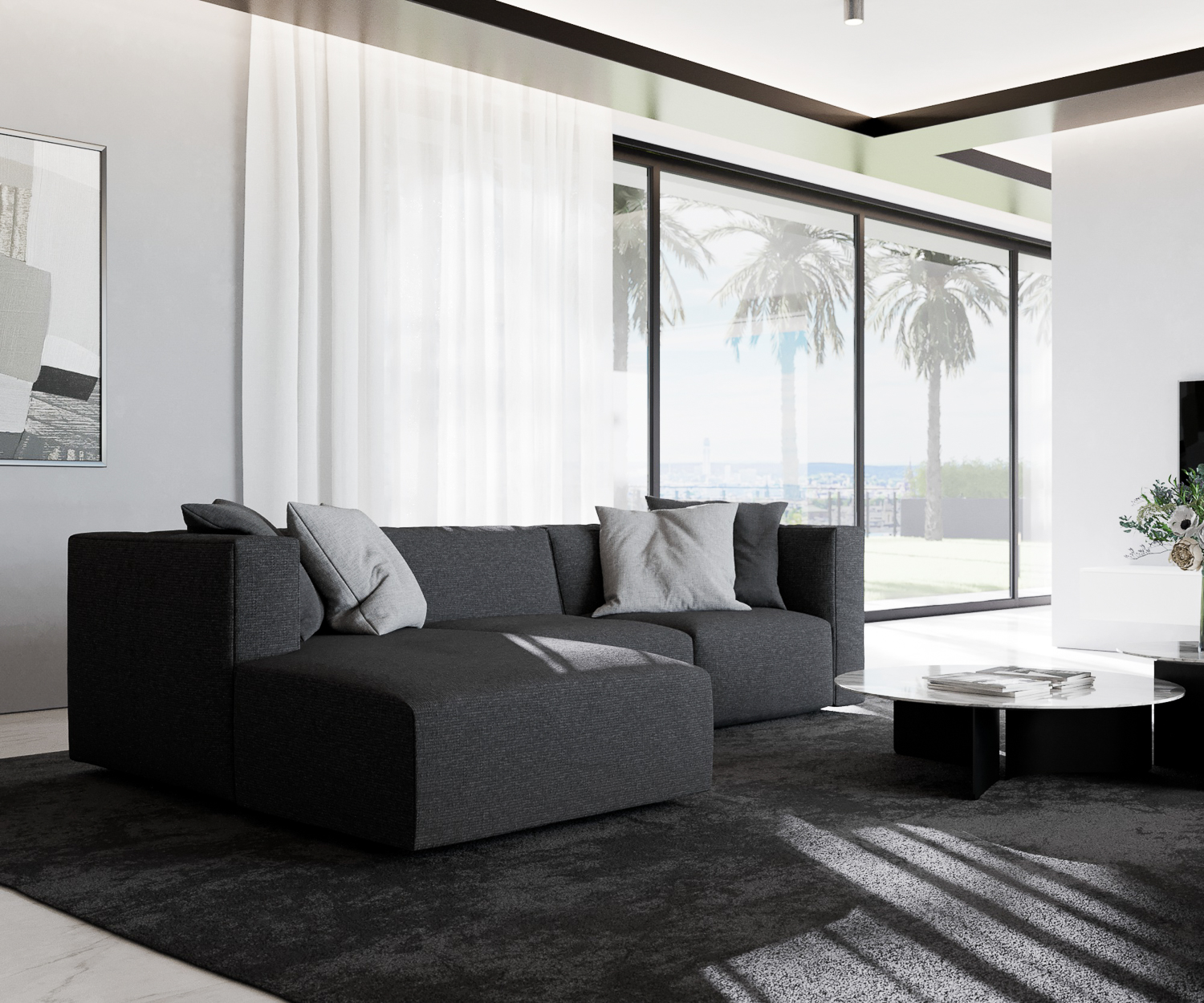 Prostoria Match L designer sofa with recamiere grey fabric cover black grey comfortable comfortable from the side