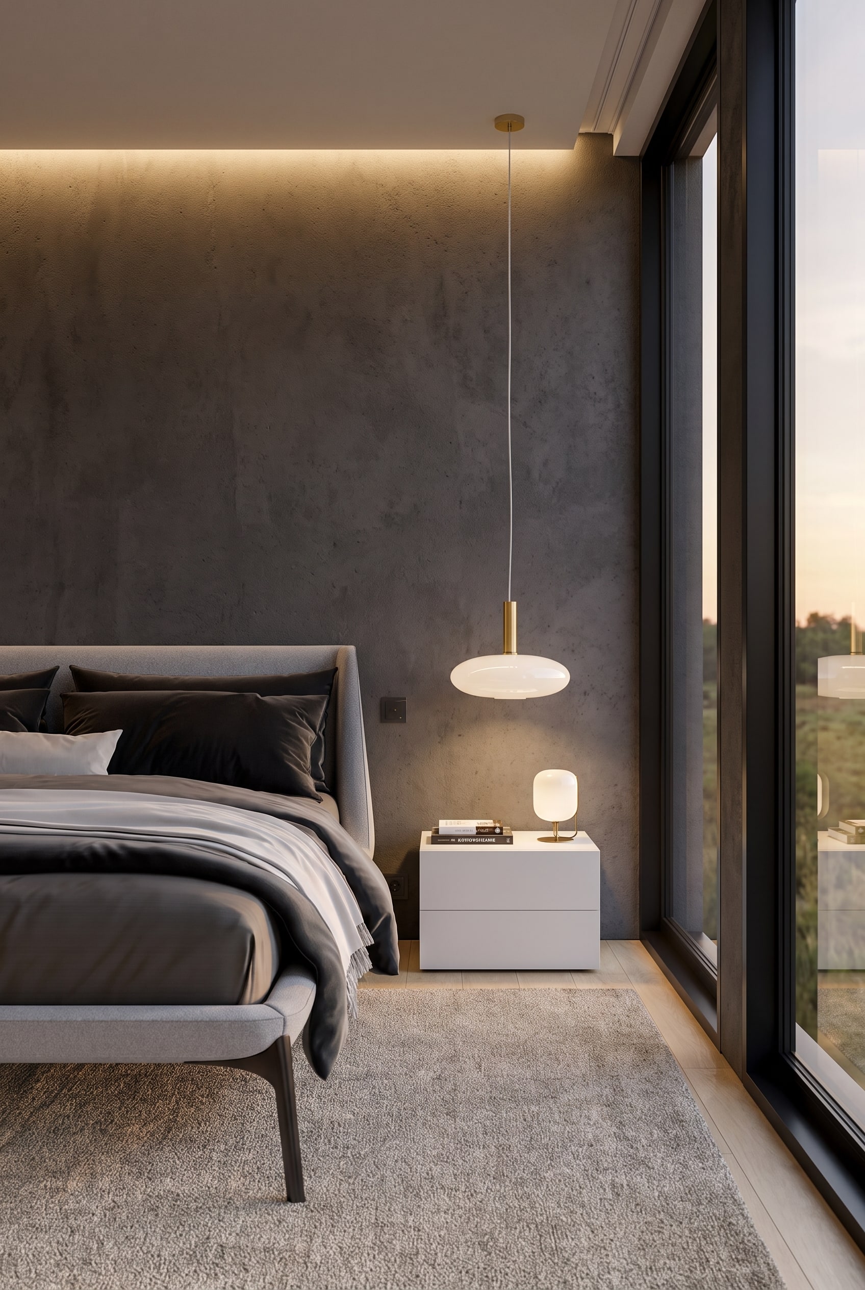 Moderne minimalistische slaapkamer met donkergrijze muur, eenvoudig gestoffeerd bed en het witte Novamobili Nachtkastje Easy 2 Laden