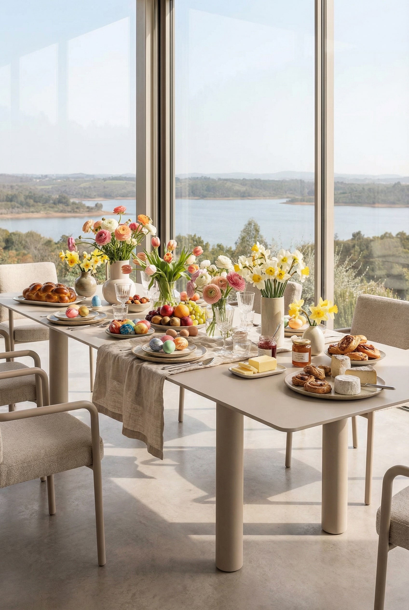 Hoogwaardige minimalistische buiten eettafel op een licht terras Hoogwaardige minimalistische buiten eettafel op een licht terras