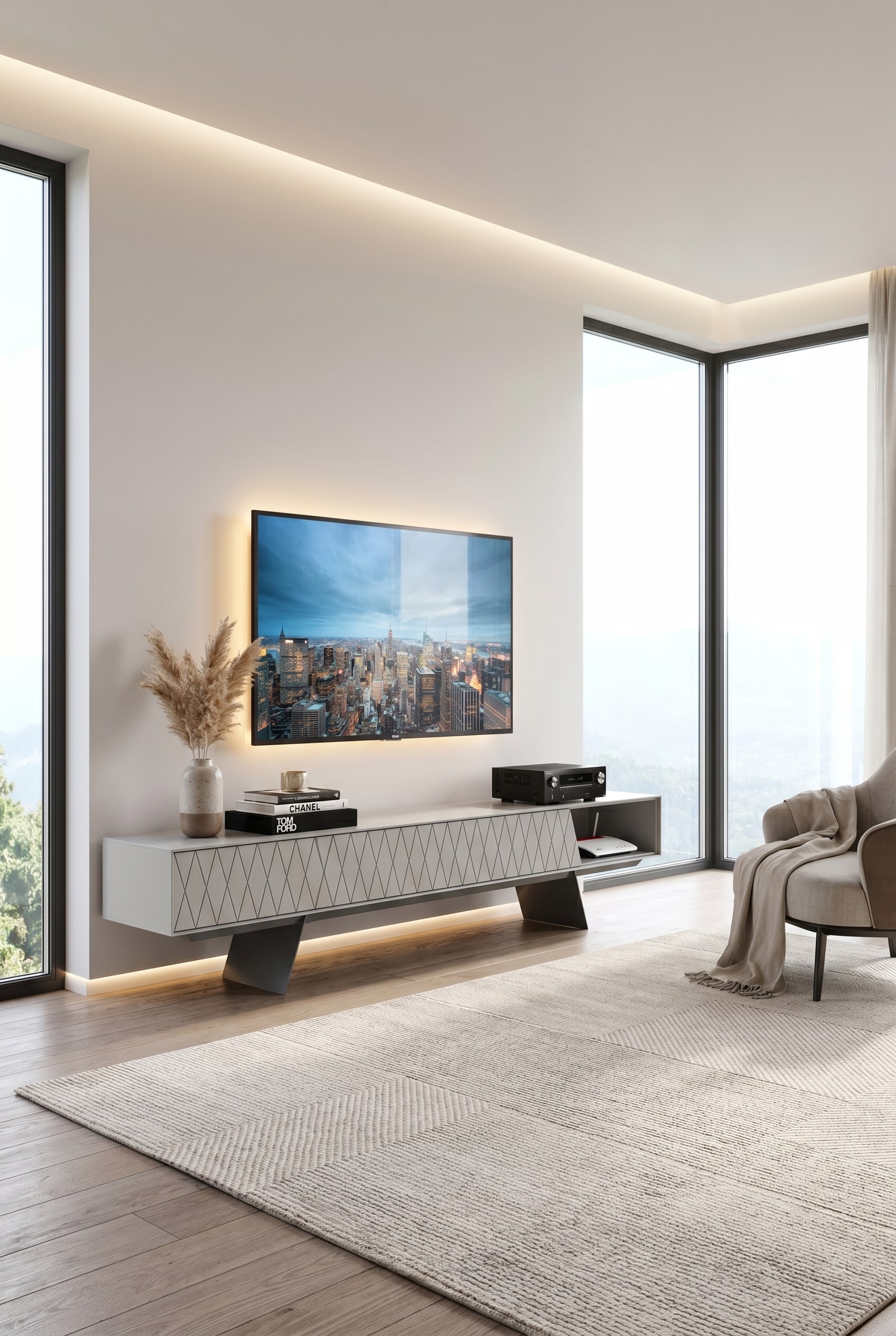 Lichte woonkamer met lichtgrijs al2 e-klipse 008 lowboard met fijn ruitpatroon op de fronten en een receiver