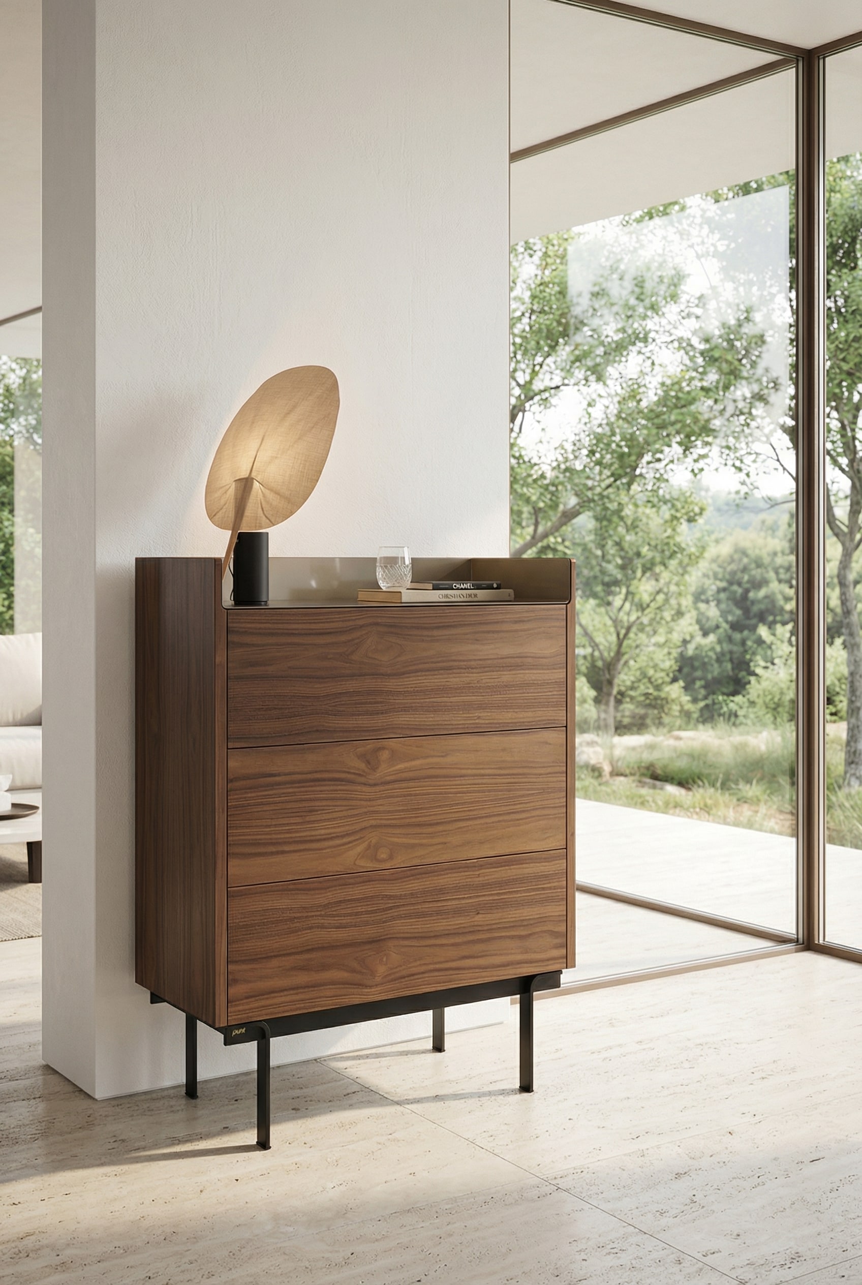 Elegant tall chest with warm wood structure on delicate legs in a bright, modern living area Elegant tall chest with warm wood structure on delicate legs in a bright, modern living area