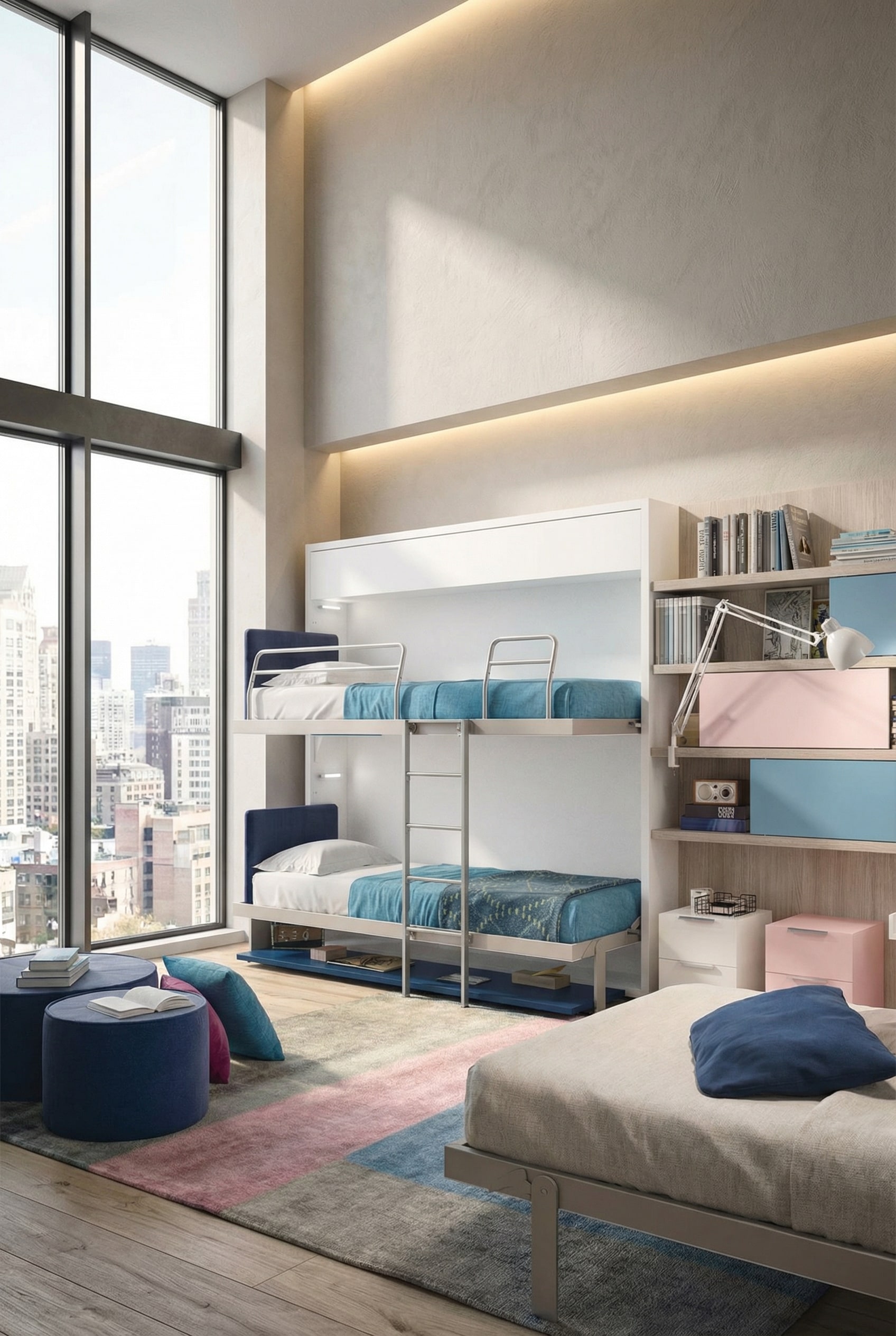 Modern wall bed unfolded as a bunk bed in a stylish studio apartment Modern wall bed unfolded as a bunk bed in a stylish studio apartment