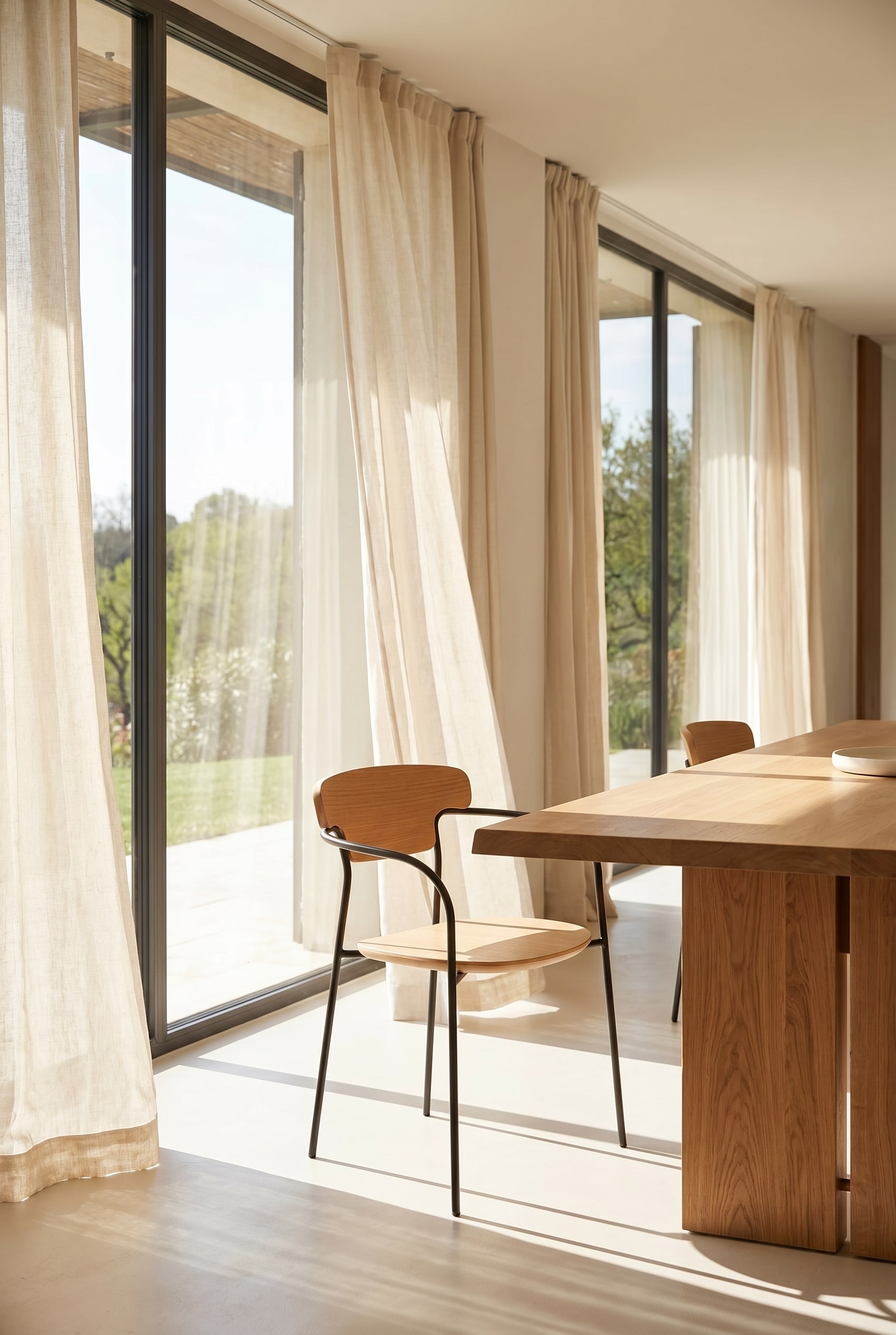 Sala da pranzo luminosa con sedia in legno filigranata in rovere chiaro e struttura in metallo nero al tavolo da pranzo