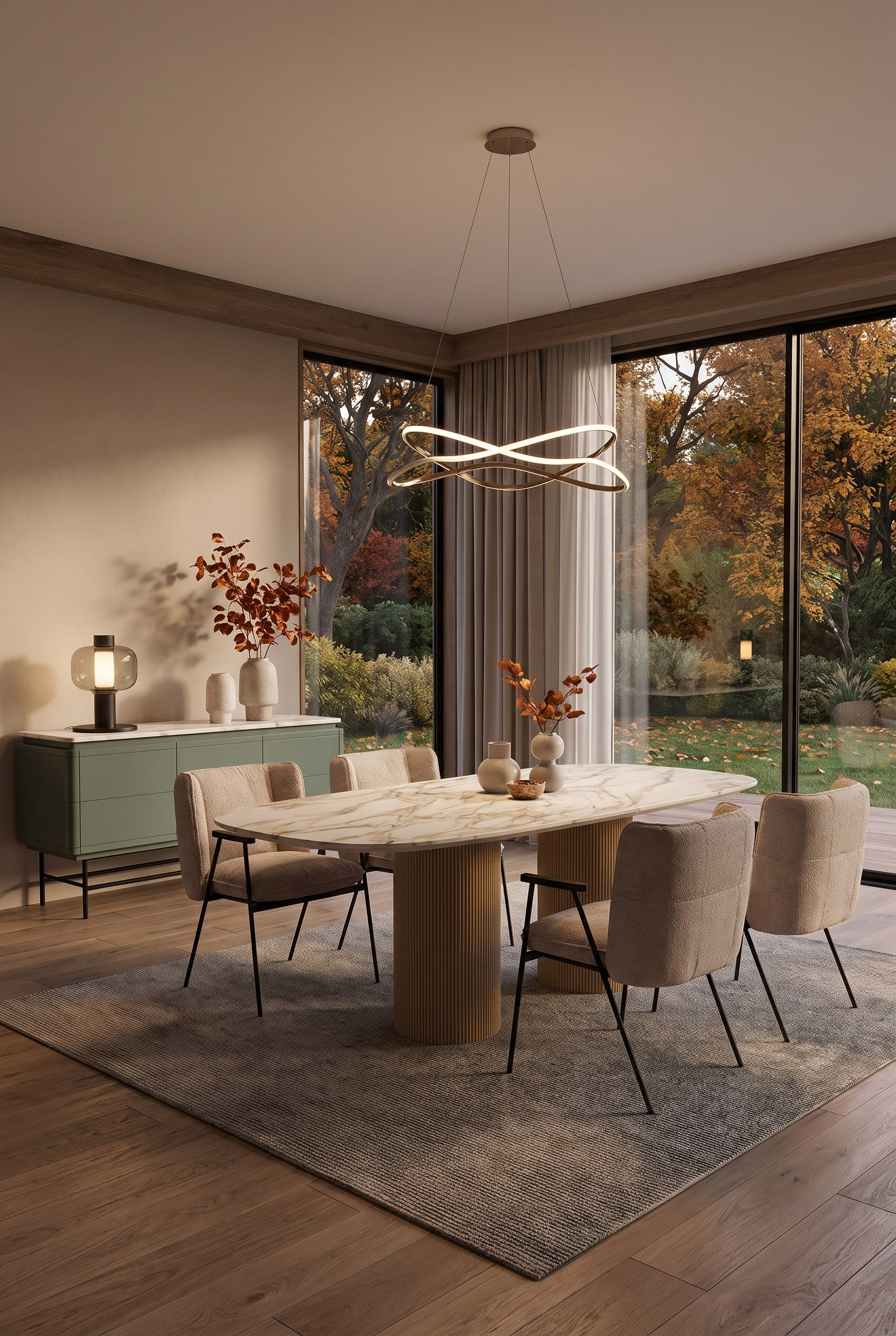 A massive, sculptural wooden dining table forms the calm center in a modern country-style dining room.